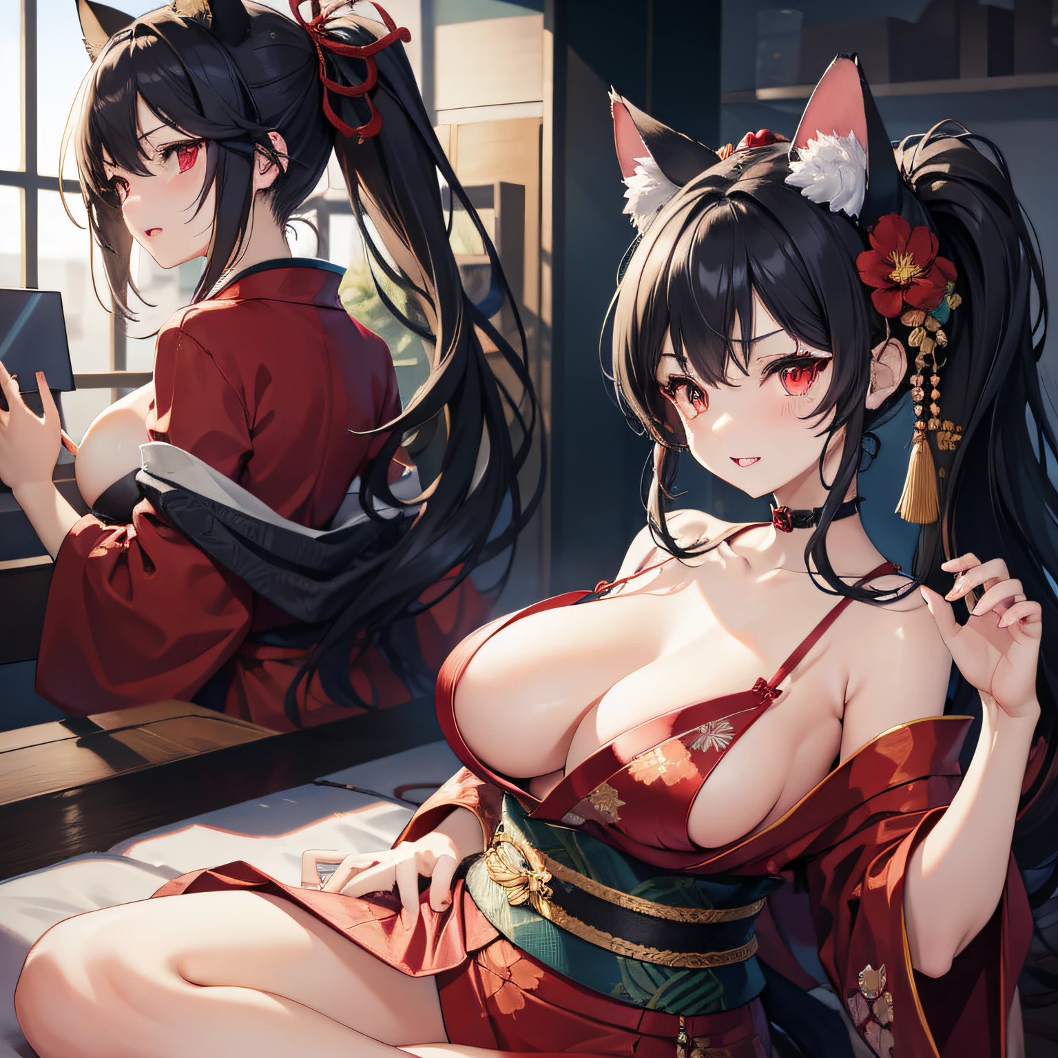 masterpiece, high resolution, high quality, shop, daytime, red kimono, big breasts, cat ears, floral pattern, red eyes, NSFW, black hair, ponytail