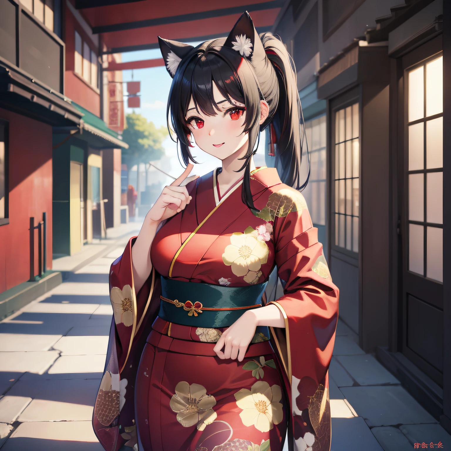 masterpiece, high resolution, high quality, shop, daytime, red kimono, big breasts, cat ears, floral pattern, red eyes, NSFW, black hair, ponytail