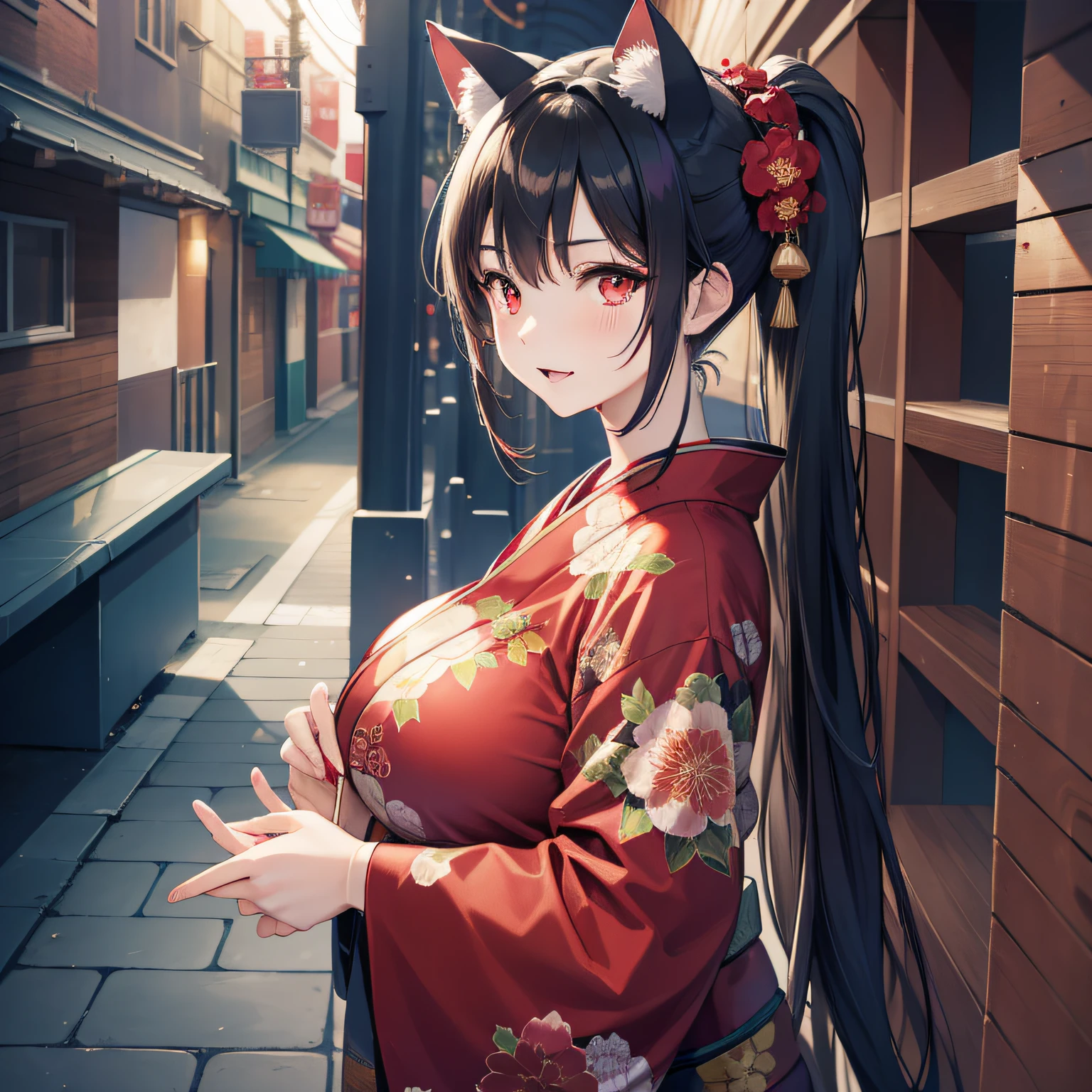 masterpiece, high resolution, high quality, shop, daytime, red kimono, big breasts, cat ears, floral pattern, red eyes, NSFW, black hair, ponytail