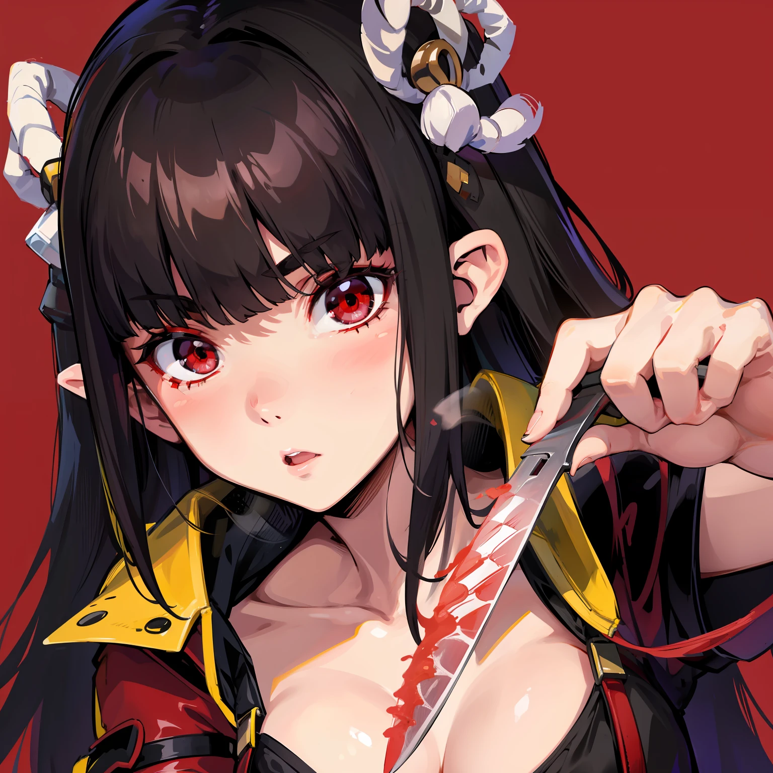 Brunette female High detail Holding a knife Serious expression Red eyes