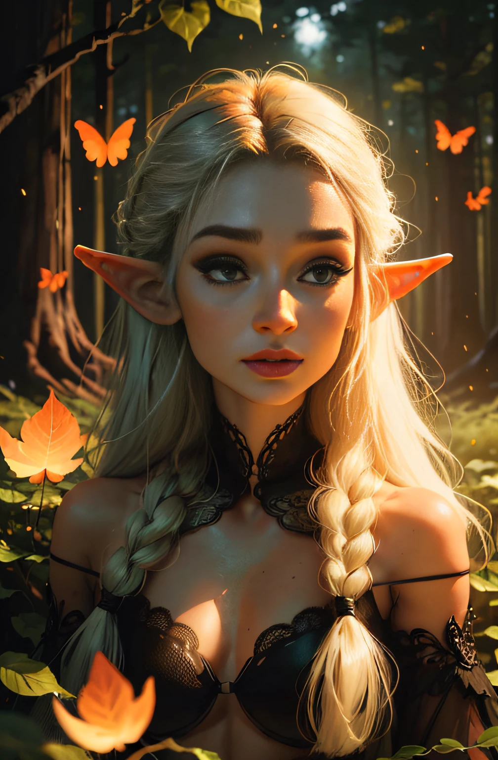 a portrait of a elf girl with freckles and bright striking blue eyes posing for a photo,full body, bare shoulders, muscular, fit, defined abs, thongs, (prominent cameltoe) white freckles, long flowing green hair flying, glowing radiance, beautiful pale makeup, color portrait, stunning portrait, elegant freckles, wearing black thongs with glowing runes of power, black gloves, star-shine, gold dust spread across her skin and her face, (dark, hyper-realistic photos (((portrait))) refraction ,Dark background of magical night forest, deep woods, towering ruins, starlight skies, A mystical and epic landscape, featuring a fantastical and surreal world of floating islands, giant trees, and mythical creatures, that transport the viewer to a world of imagination and wonder, artstation, digital art, intricate, trending, bright colors suitable for viewing in public places A masterpiece, the best quality, stunning reflections, the best reflections ever. (very detailed CG unity 8k wallpapers), (best quality), (best illustrations), (best shadows), forest theme with natural elements. Tall trees, quiet streams, small glowing mushrooms surrounded by delicate leaves and branches, with fireflies and glowing particle effects,, (natural elements), (jungle theme), (leaves), (twigs), (fireflies), butterflies, (delicate leaves), (glow), (particle effects). , Isometric 3D, Octane Rendering, Ray Traced, Super Detailed