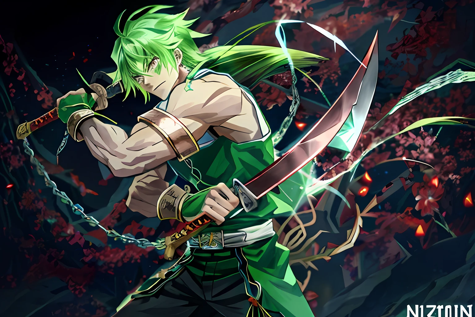 anime character with a sword and a chain around his neck standing on the top of a roof, tengen uzui, demon slayer, badass, good anatomy, dual nichirin blade,