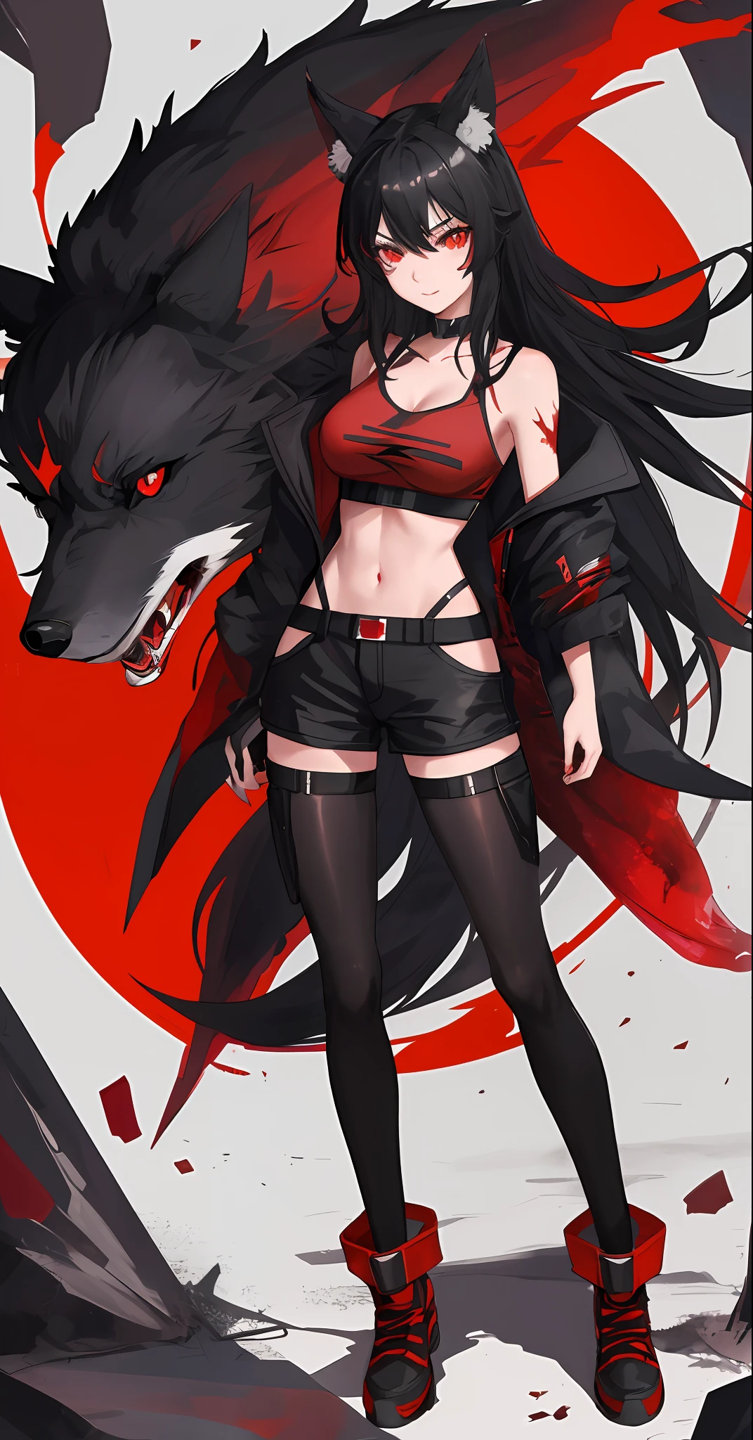 1girl, black hair, red eyes, wolf ears, wolf tail, HD, vibrant, masterpiece, best quality, slim, toned, dead expression, full body view, tall, glowing eyes, heroic stance