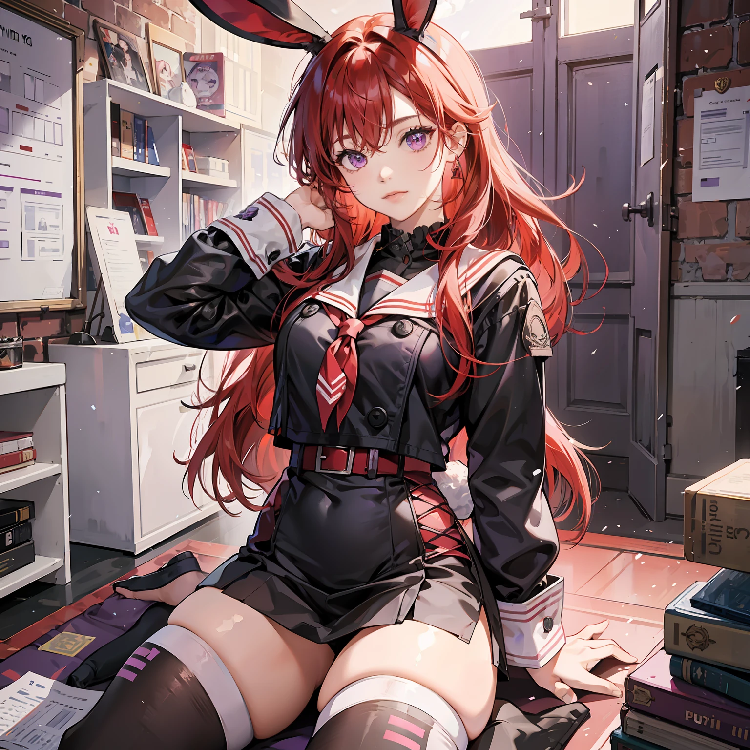 A girl with red hair, bunny ears and purple eyes, is a female college student in school, wearing a gothic sailor suit
