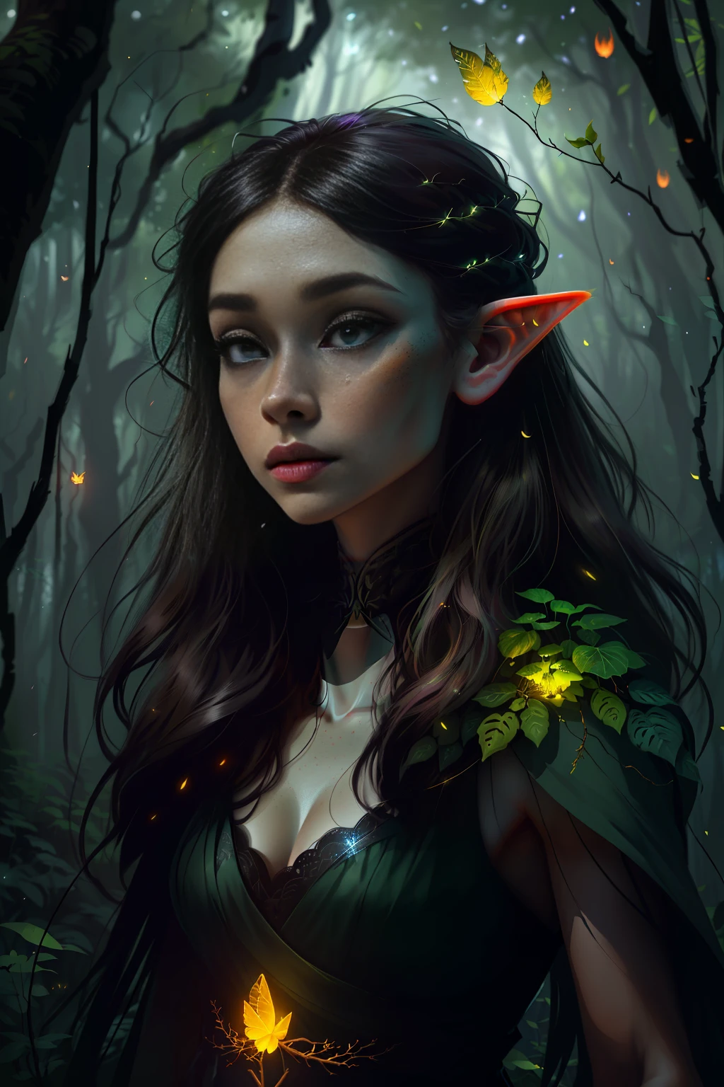 a portrait of a elf girl with freckles and bright striking blue eyes posing for a photo,full body, bare shoulders, muscular, fit, defined abs, thongs, (prominent cameltoe) white freckles, long flowing green hair flying, glowing radiance, beautiful pale makeup, color portrait, stunning portrait, elegant freckles, wearing black thongs with glowing runes of power, black gloves, star-shine, gold dust spread across her skin and her face, (dark, hyper-realistic photos (((portrait))) refraction ,Dark background of magical night forest, deep woods, towering ruins, starlight skies, A mystical and epic landscape, featuring a fantastical and surreal world of floating islands, giant trees, and mythical creatures, that transport the viewer to a world of imagination and wonder, artstation, digital art, intricate, trending, bright colors suitable for viewing in public places A masterpiece, the best quality, stunning reflections, the best reflections ever. (very detailed CG unity 8k wallpapers), (best quality), (best illustrations), (best shadows), forest theme with natural elements. Tall trees, quiet streams, small glowing mushrooms surrounded by delicate leaves and branches, with fireflies and glowing particle effects,, (natural elements), (jungle theme), (leaves), (twigs), (fireflies), butterflies, (delicate leaves), (glow), (particle effects). , Isometric 3D, Octane Rendering, Ray Traced, Super Detailed