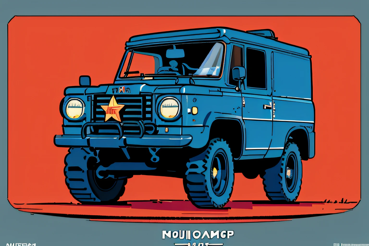 (masterpiece), (best quality), (best detail), (distant general view), (postage stamp),(main color of illustration: dark blue), (secondary color: red), a military SUV with challenging posture, very detailed face, vintage advertising poster with Soviet-style lettering 60', futuristic western scenery, night (many stars, moon), shading (detailed, much contrast), very saturated pulp colors