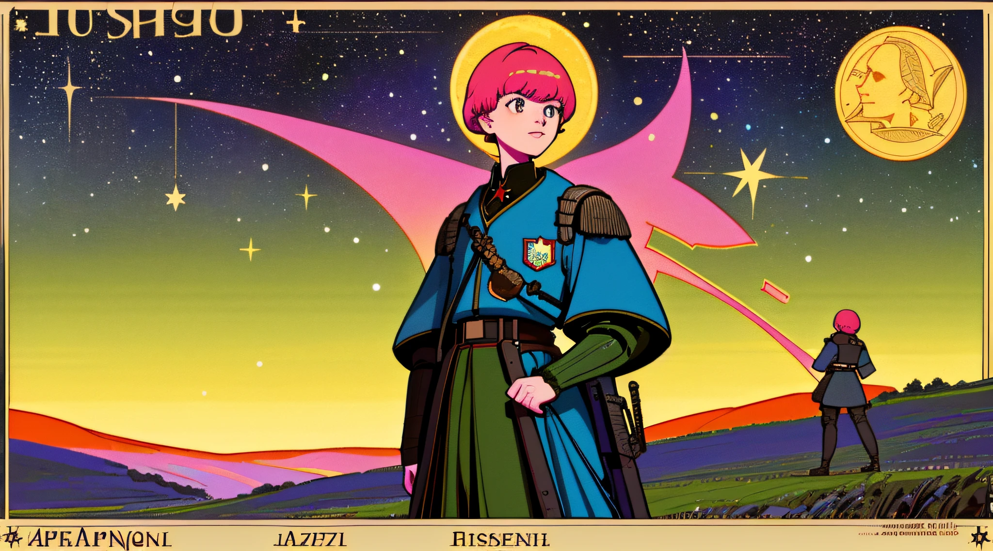 (masterpiece), (best quality), (best detail), (distant general view), (postage stamp),(main color of illustration: bright saturated pink), (secondary color: lapis lazuli), a group of very beautiful military soldiers with defiant posture, very detailed face, vintage advertising poster with Soviet-style letters 60', western futuristic scenery, night (many stars, moon), shading (detailed, much contrast), Highly saturated pulp colors