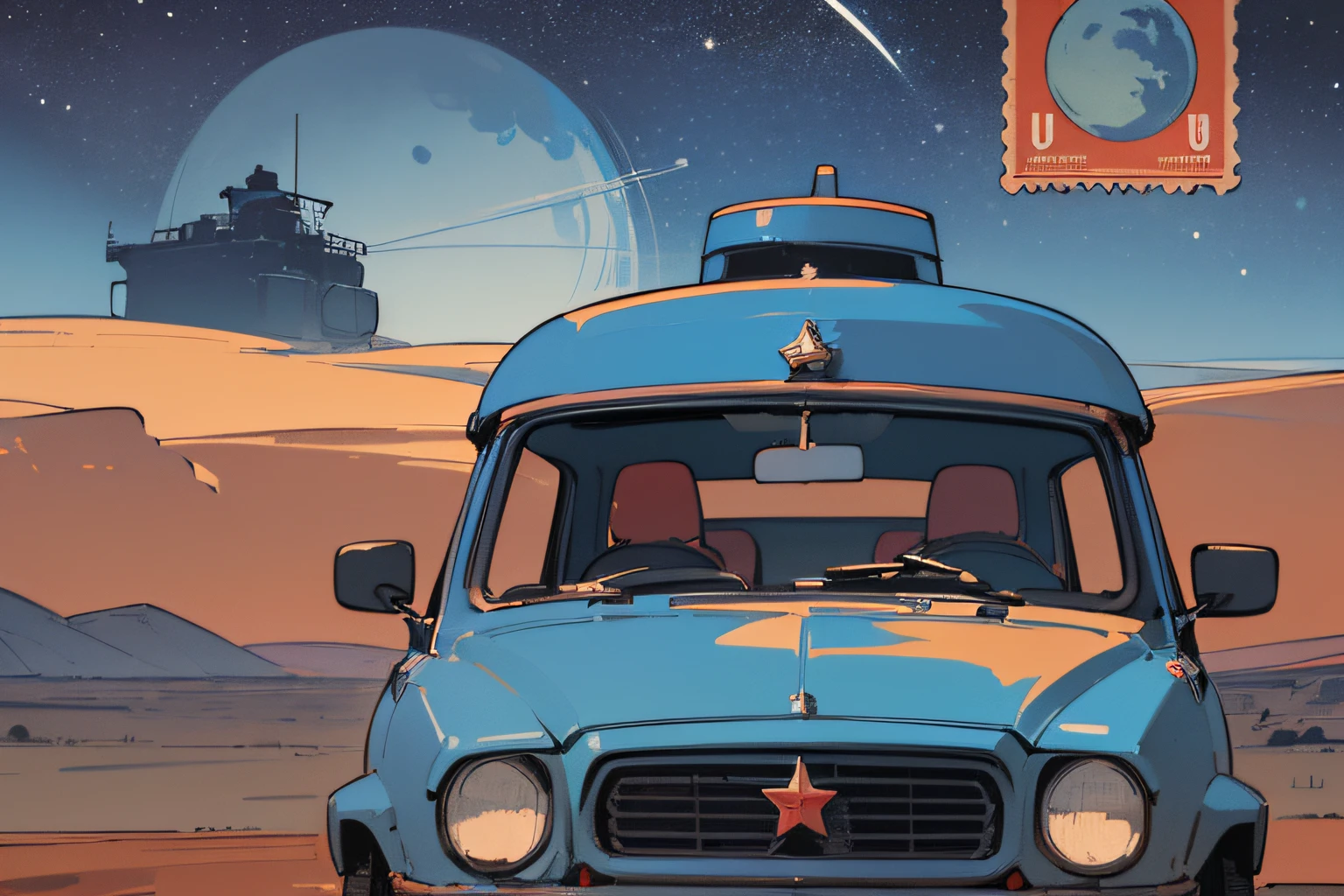 (masterpiece), (best quality), (best detail), (distant general view), (postage stamp),(main color of illustration: dark blue), (secondary color: red), a military SUV with challenging posture, very detailed face, vintage advertising poster with Soviet-style lettering 60', futuristic western scenery, night (many stars, moon), shading (detailed, much contrast), very saturated pulp colors