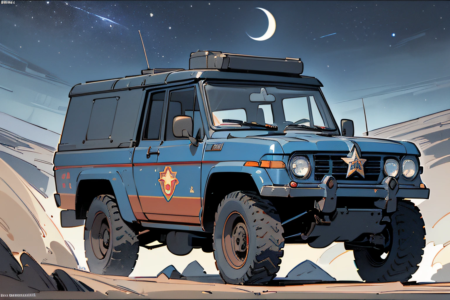 (masterpiece), (best quality), (best detail), (distant general view), (postage stamp),(main color of illustration: dark blue), (secondary color: red), a military SUV with challenging posture, very detailed face, vintage advertising poster with Soviet-style lettering 60', futuristic western scenery, night (many stars, moon), shading (detailed, much contrast), very saturated pulp colors
