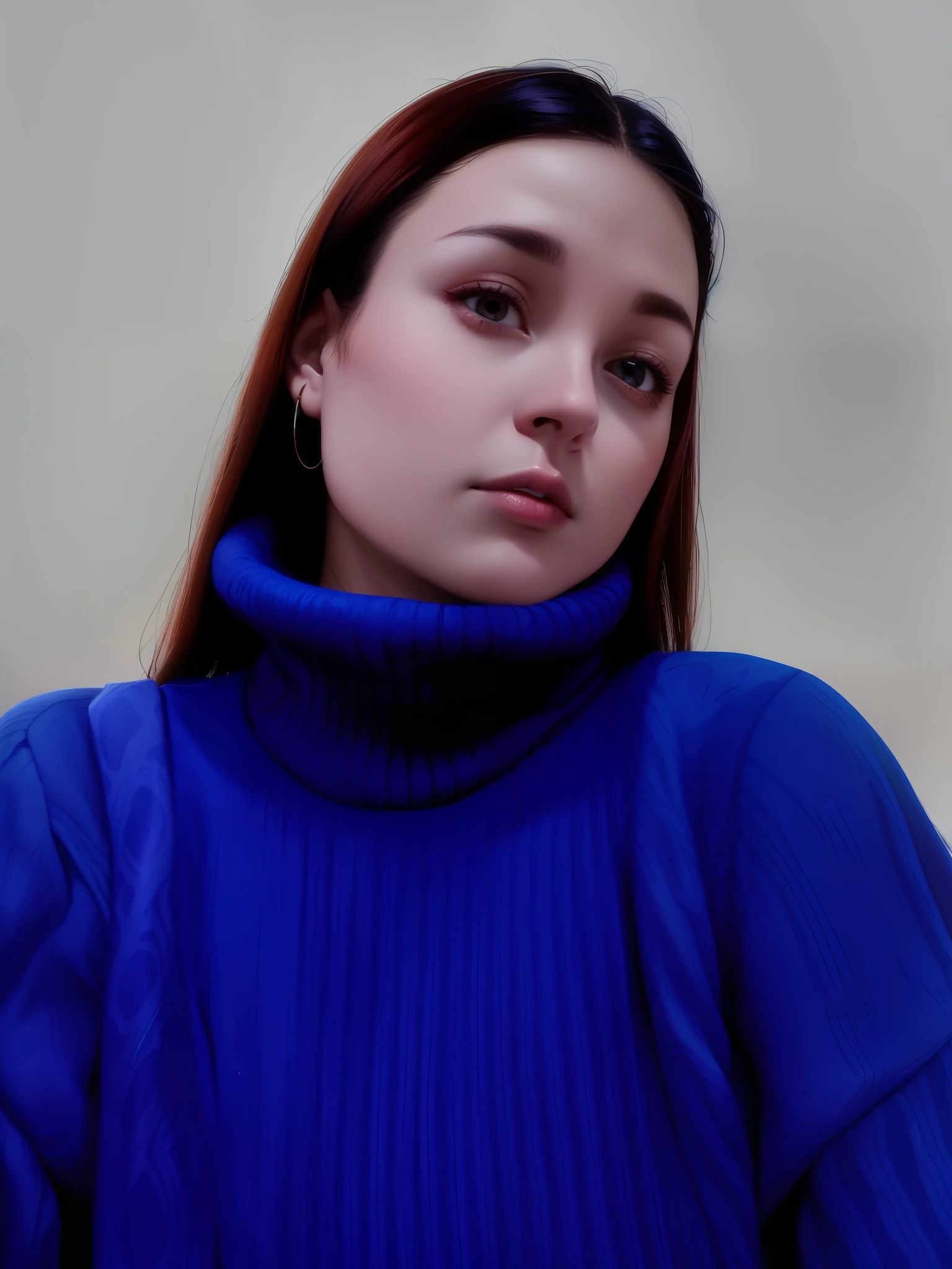 arafed woman in a blue sweater holding a cell phone, blue turtleneck, blue sweater, wearing turtleneck, selfie of a young woman, 🤤 girl portrait, portrait shot 8 k, anna nikonova aka newmilky, thick neck, wearing a red turtleneck sweater, with a blue background, wearing a sweater, shot on nikon z9