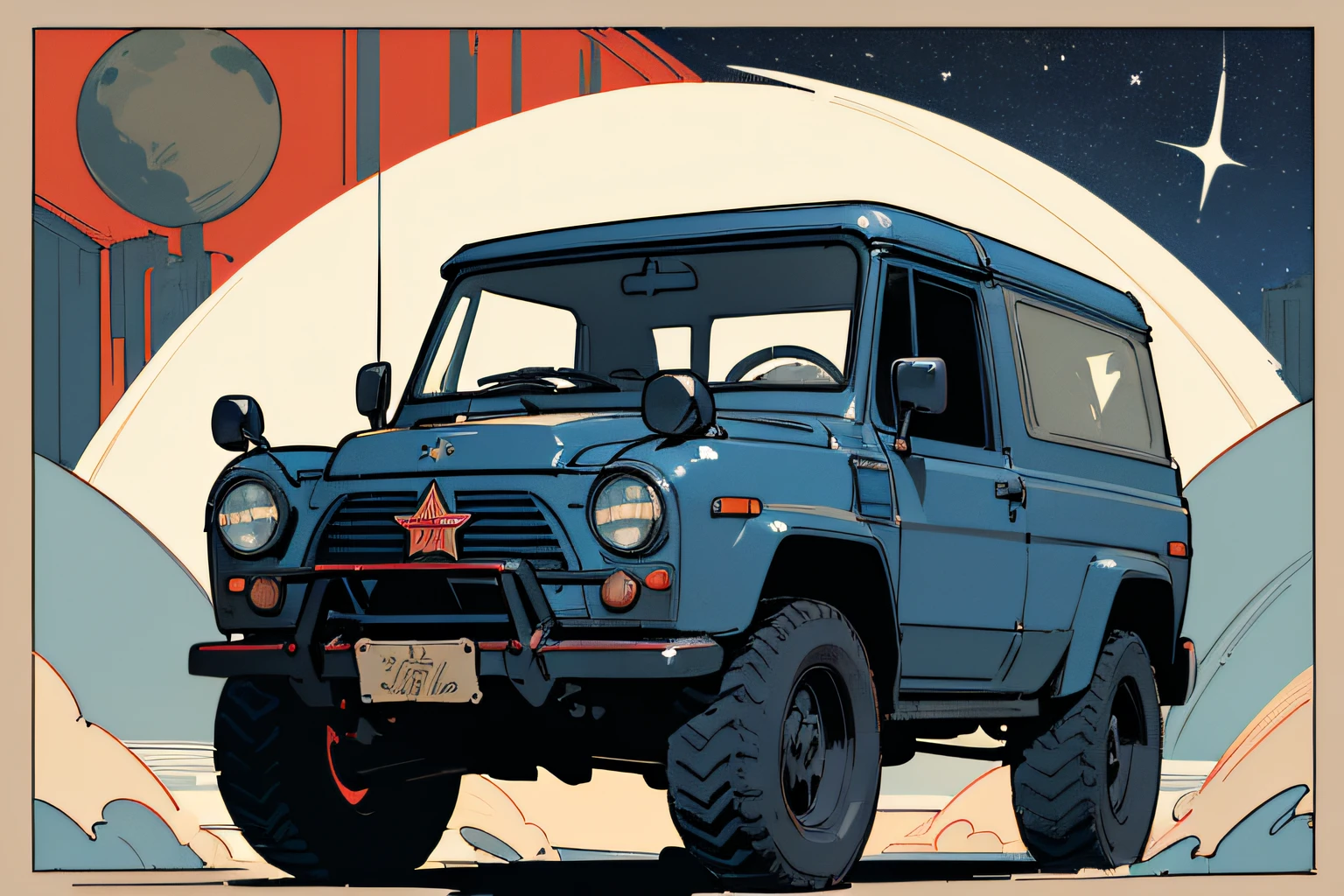 (masterpiece), (best quality), (best detail), (distant general view), (postage stamp),(main color of illustration: dark blue), (secondary color: red), a military SUV with challenging posture, very detailed face, vintage advertising poster with Soviet-style lettering 60', futuristic western scenery, night (many stars, moon), shading (detailed, much contrast), very saturated pulp colors