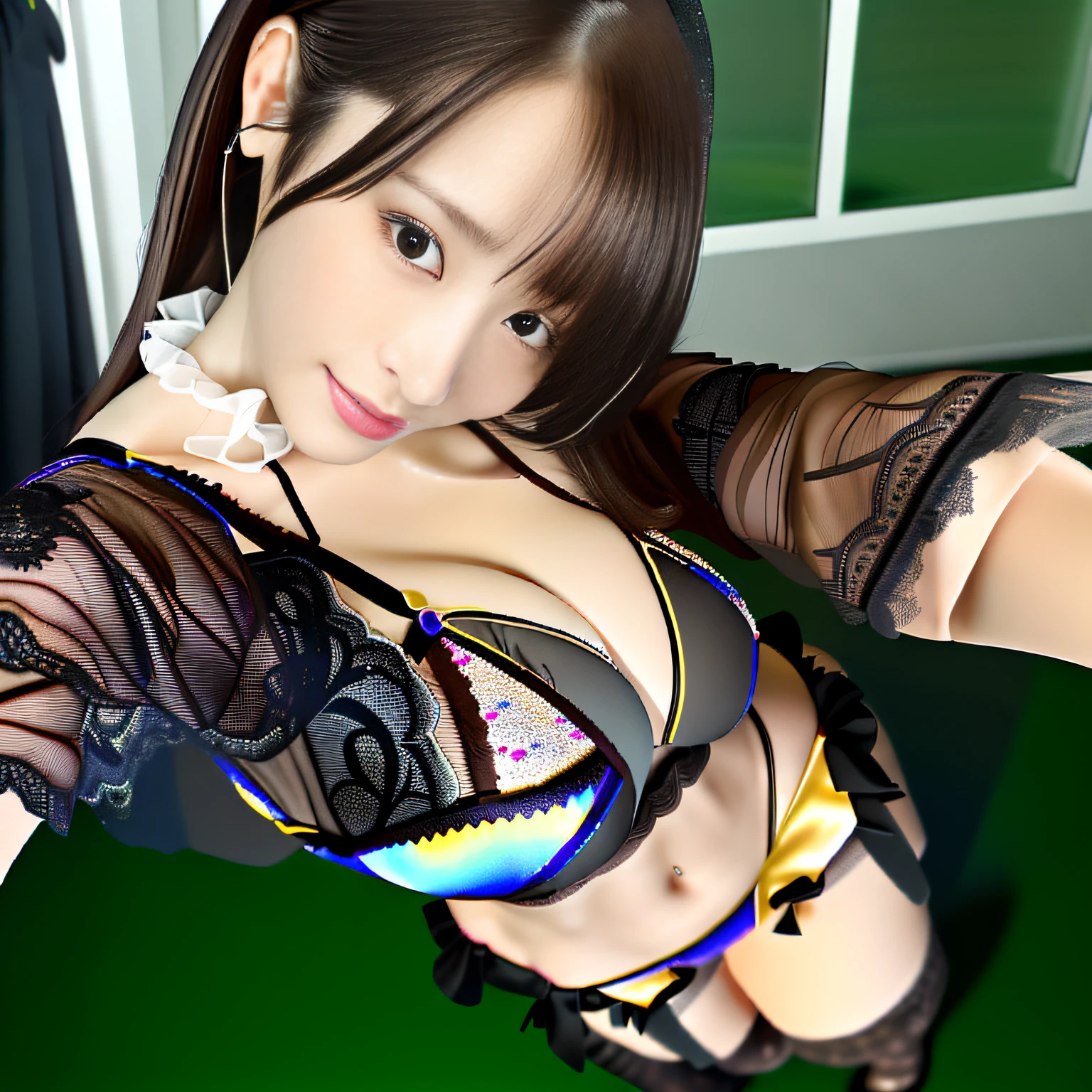 (Best Quality, 8k, 32k, Masterpiece, UHD: 1.2), Cute Idol Pictures, Detailed Eyes, Double Eyelids, (Dark Brown Hair Medium Hair), Detailed Colorful Black Lingerie, Stockings, High Heels, Watch Viewer, (Big: 1.2) (Cleavage: 1.2), Torn Abs, (Wet Wear), Sweat (Wet Body), Storm, Japanese, Japan gravure idols