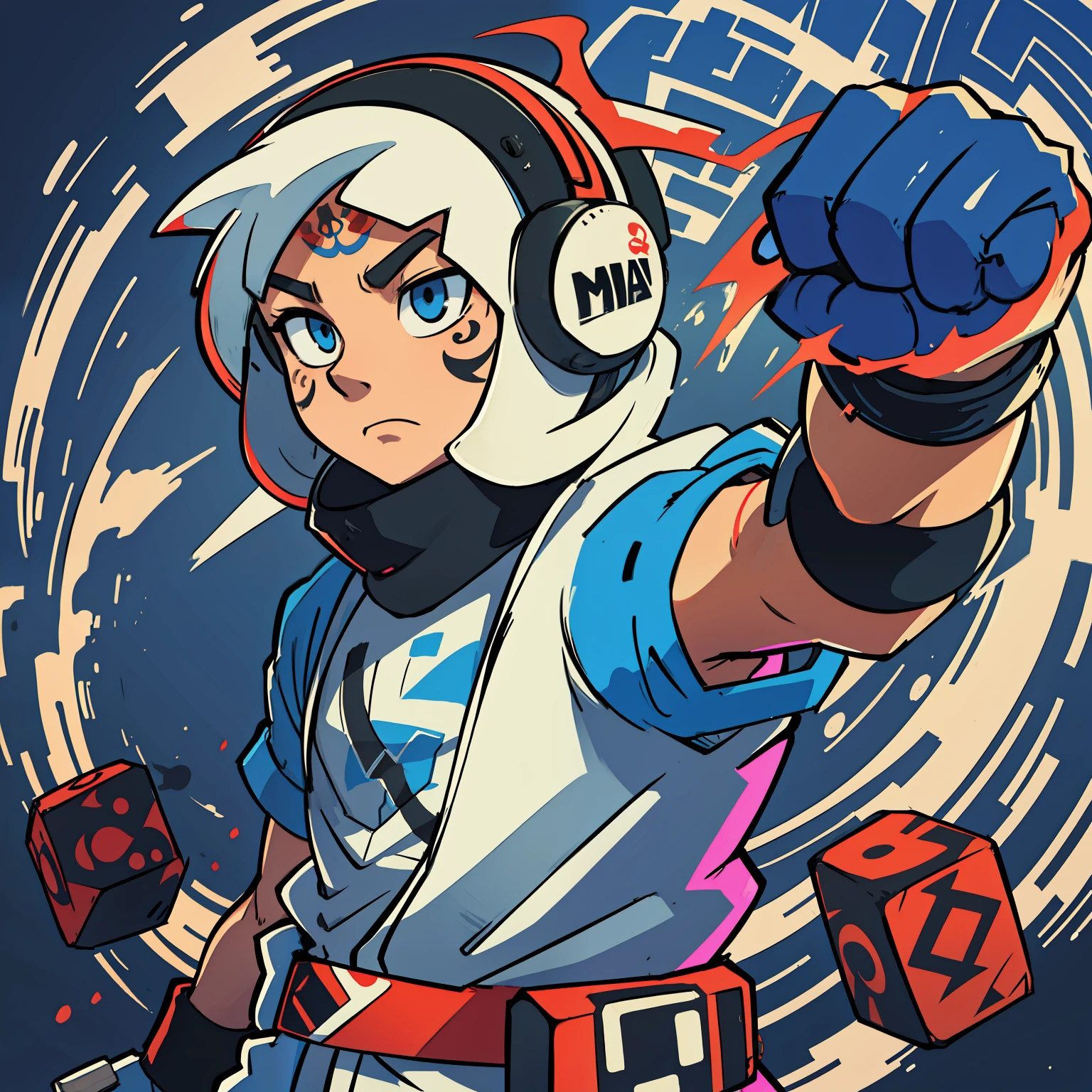 bomberman , male character, such traits as from traditional neo tattoos, graffiti strokes, aggressive thick strokes, drawing, digital painting, 2 dimensions, ultra detailed
