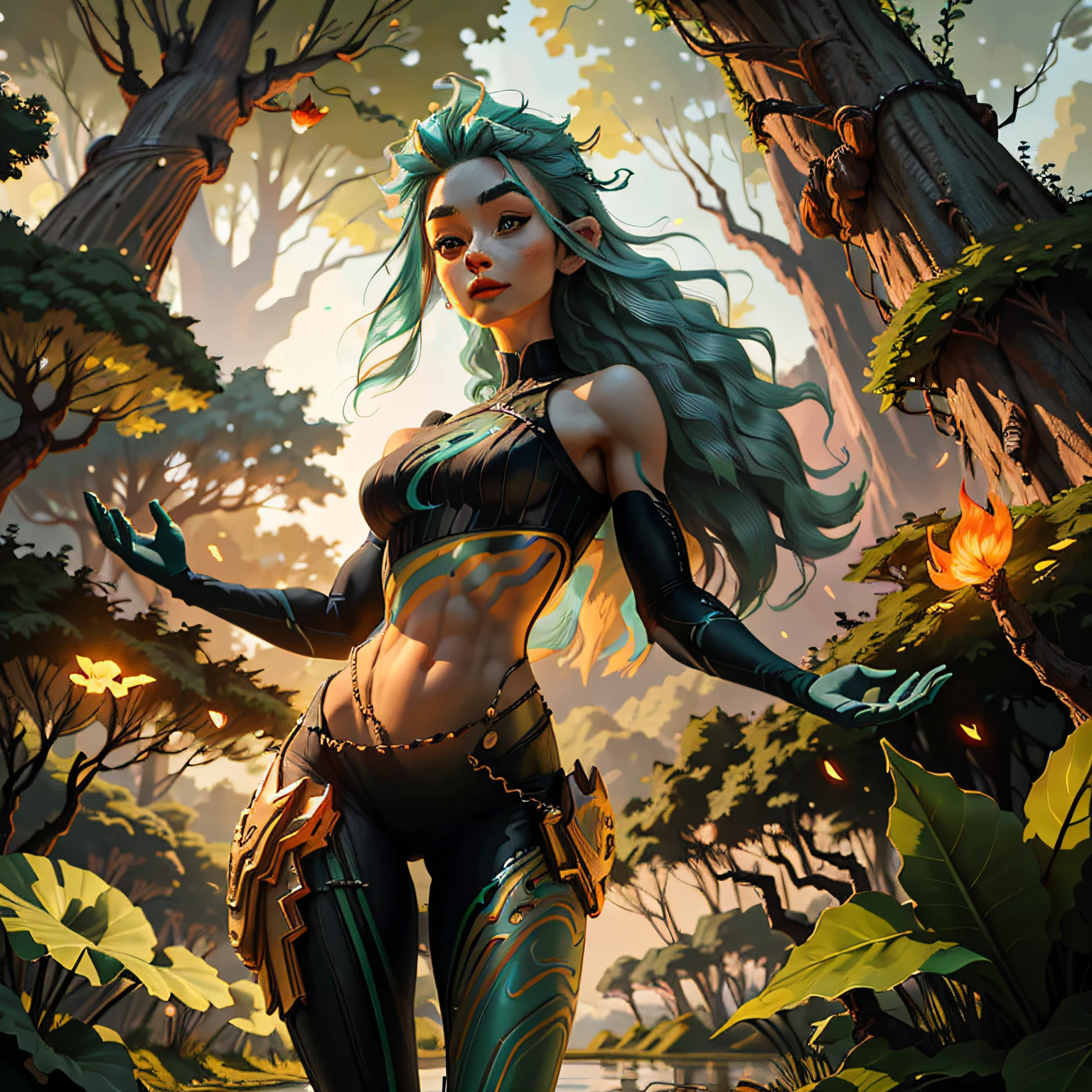a portrait of a elf girl with freckles and bright striking blue eyes posing for a photo,full body, bare shoulders, muscular, fit, defined abs, thongs, (prominent cameltoe) white freckles, long flowing green hair flying, glowing radiance, beautiful pale makeup, color portrait, stunning portrait, elegant freckles, wearing black thongs with glowing runes of power, black gloves, star-shine, gold dust spread across her skin and her face, (dark, hyper-realistic photos (((portrait))) refraction ,Dark background of magical night forest, deep woods, towering ruins, starlight skies, A mystical and epic landscape, featuring a fantastical and surreal world of floating islands, giant trees, and mythical creatures, that transport the viewer to a world of imagination and wonder, artstation, digital art, intricate, trending, bright colors suitable for viewing in public places A masterpiece, the best quality, stunning reflections, the best reflections ever. (very detailed CG unity 8k wallpapers), (best quality), (best illustrations), (best shadows), forest theme with natural elements. Tall trees, quiet streams, small glowing mushrooms surrounded by delicate leaves and branches, with fireflies and glowing particle effects,, (natural elements), (jungle theme), (leaves), (twigs), (fireflies), butterflies, (delicate leaves), (glow), (particle effects). , Isometric 3D, Octane Rendering, Ray Traced, Super Detailed (muscular:0.4 ,)