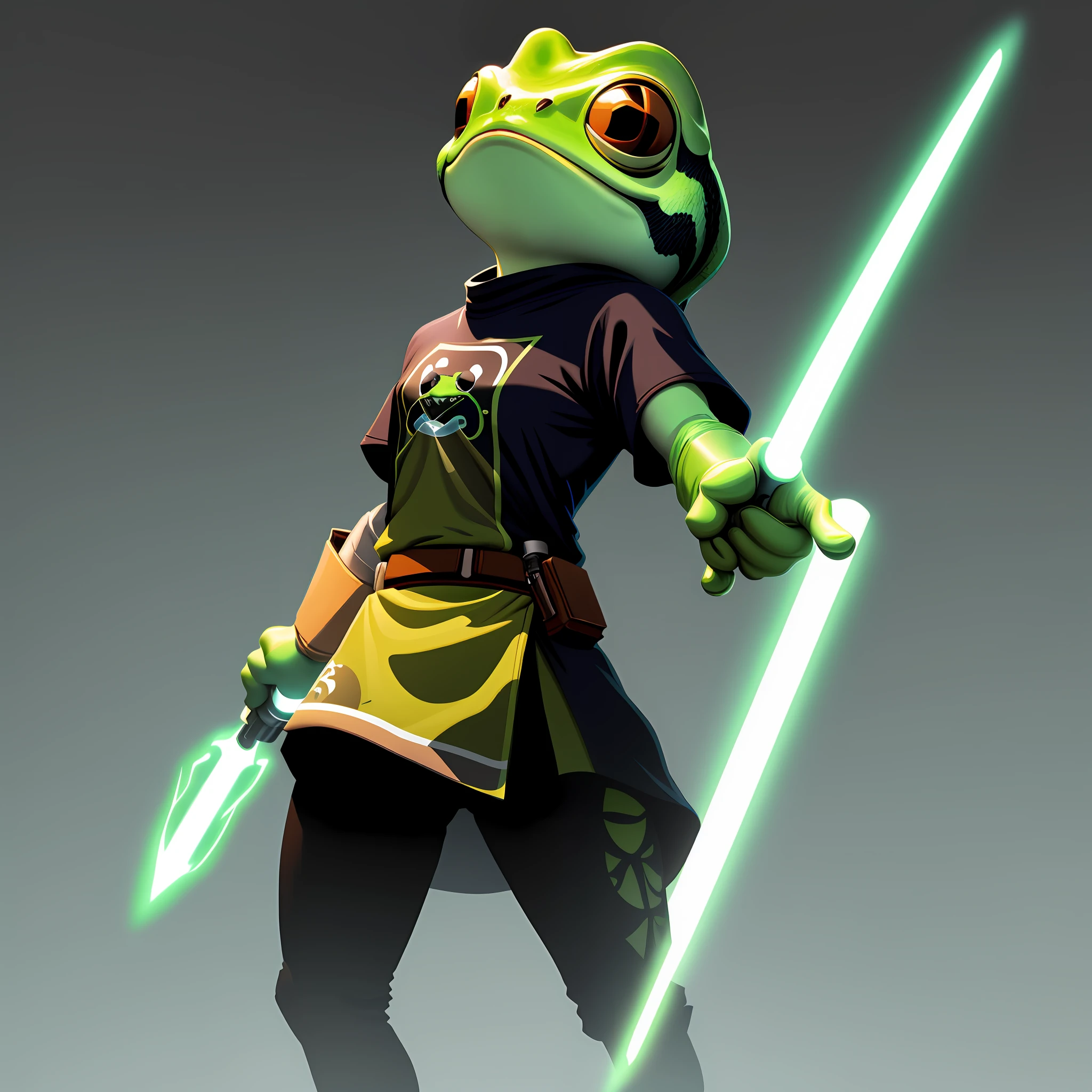 T-shirt print of a jedi frog combssaber of light. Vector, minimalist, splash background