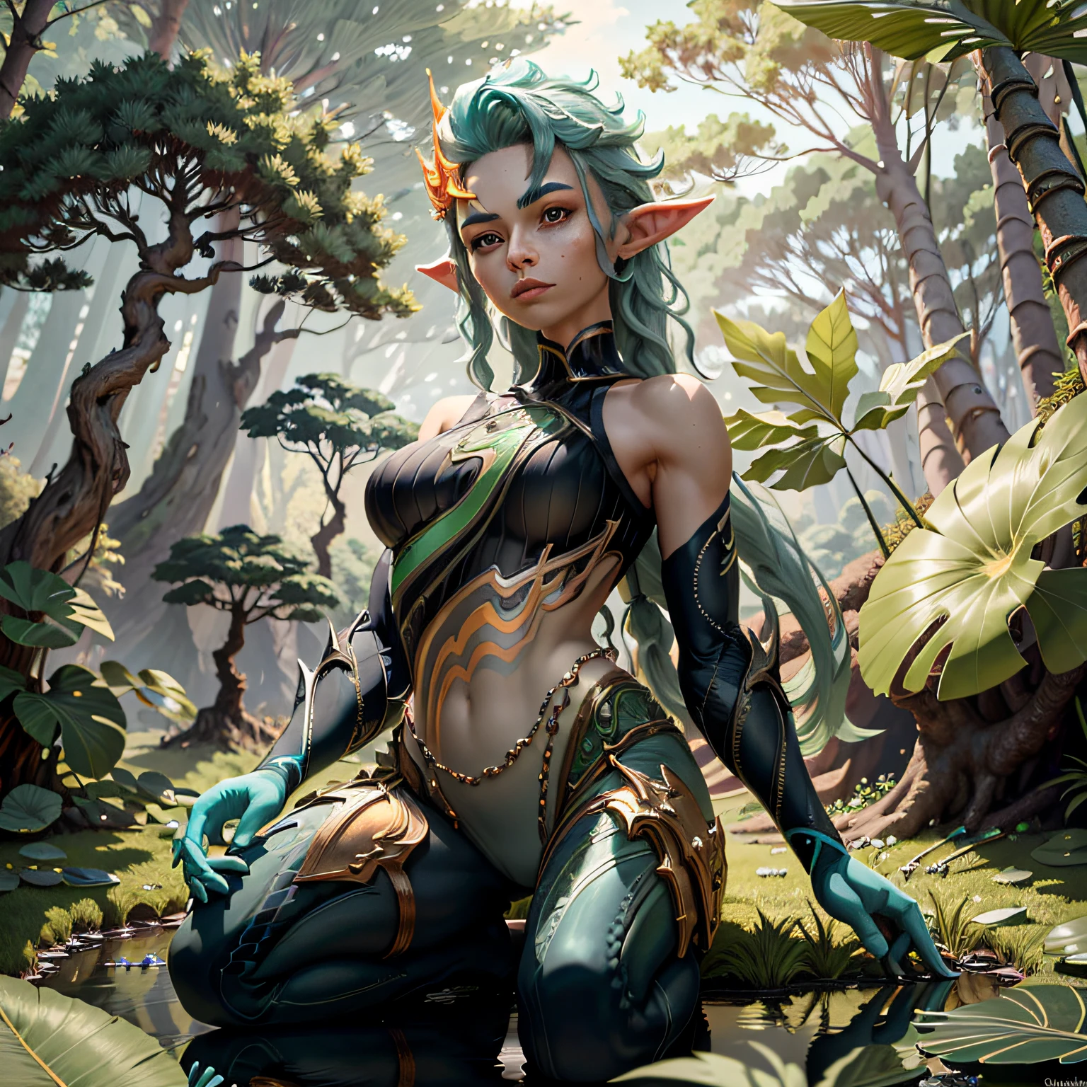 a portrait of a elf girl with freckles and bright striking blue eyes posing for a photo,full body, bare shoulders, muscular, fit, defined abs, thongs, (prominent cameltoe) white freckles, long flowing green hair flying, glowing radiance, beautiful pale makeup, color portrait, stunning portrait, elegant freckles, wearing black thongs with glowing runes of power, black gloves, star-shine, gold dust spread across her skin and her face, (dark, hyper-realistic photos (((portrait))) refraction ,Dark background of magical night forest, deep woods, towering ruins, starlight skies, A mystical and epic landscape, featuring a fantastical and surreal world of floating islands, giant trees, and mythical creatures, that transport the viewer to a world of imagination and wonder, artstation, digital art, intricate, trending, bright colors suitable for viewing in public places A masterpiece, the best quality, stunning reflections, the best reflections ever. (very detailed CG unity 8k wallpapers), (best quality), (best illustrations), (best shadows), forest theme with natural elements. Tall trees, quiet streams, small glowing mushrooms surrounded by delicate leaves and branches, with fireflies and glowing particle effects,, (natural elements), (jungle theme), (leaves), (twigs), (fireflies), butterflies, (delicate leaves), (glow), (particle effects). , Isometric 3D, Octane Rendering, Ray Traced, Super Detailed (muscular:0.4 ,)