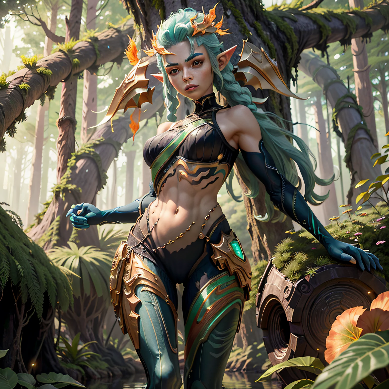 a portrait of a elf girl with freckles and bright striking blue eyes posing for a photo,full body, bare shoulders, muscular, fit, defined abs, thongs, (prominent cameltoe) white freckles, long flowing green hair flying, glowing radiance, beautiful pale makeup, color portrait, stunning portrait, elegant freckles, wearing black thongs with glowing runes of power, black gloves, star-shine, gold dust spread across her skin and her face, (dark, hyper-realistic photos (((portrait))) refraction ,Dark background of magical night forest, deep woods, towering ruins, starlight skies, A mystical and epic landscape, featuring a fantastical and surreal world of floating islands, giant trees, and mythical creatures, that transport the viewer to a world of imagination and wonder, artstation, digital art, intricate, trending, bright colors suitable for viewing in public places A masterpiece, the best quality, stunning reflections, the best reflections ever. (very detailed CG unity 8k wallpapers), (best quality), (best illustrations), (best shadows), forest theme with natural elements. Tall trees, quiet streams, small glowing mushrooms surrounded by delicate leaves and branches, with fireflies and glowing particle effects,, (natural elements), (jungle theme), (leaves), (twigs), (fireflies), butterflies, (delicate leaves), (glow), (particle effects). , Isometric 3D, Octane Rendering, Ray Traced, Super Detailed (muscular:0.4 ,)