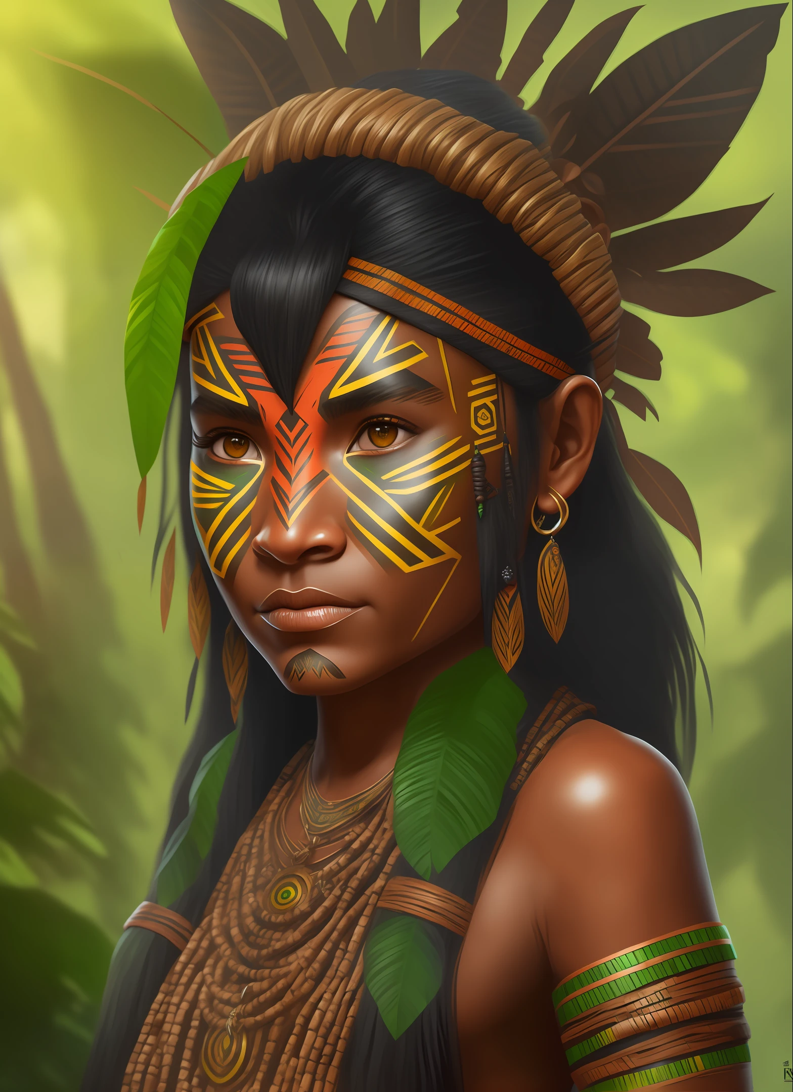A cute amazonian nukak tribal girl rogue face concept art, tribal face paint, rainforest 4k