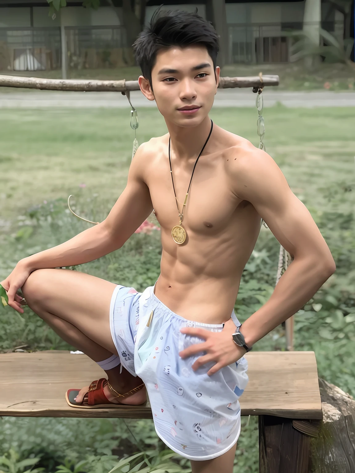 arafed man sitting on a bench with a necklace on his neck, thawan duchanee, twink, asian male, 18 years old, wearing loincloth, nivanh chanthara, cute young man, 1 , 2 2 years old9 years old, high qual