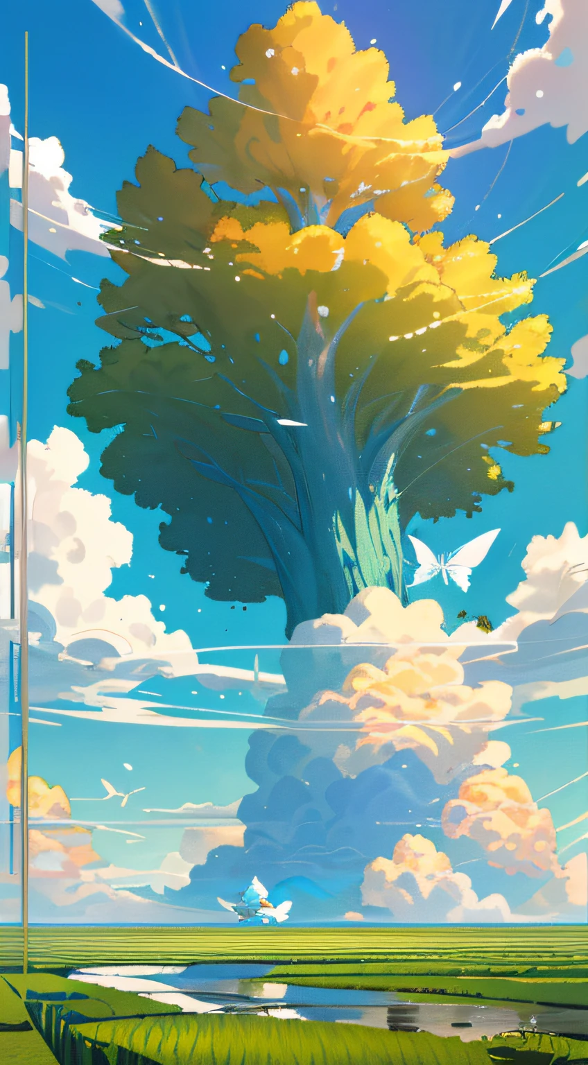 Romanticism, anime, anime style, cinematic lighting, 8k, super detail, ccurate, best quality, UHD, masterpiece, mango poster design, poster, mango, rice field, stream, nature, 1 girl catching butterflies, hayao miyazaki manga style, blue sky and white clouds, summer, healing, normal skin color