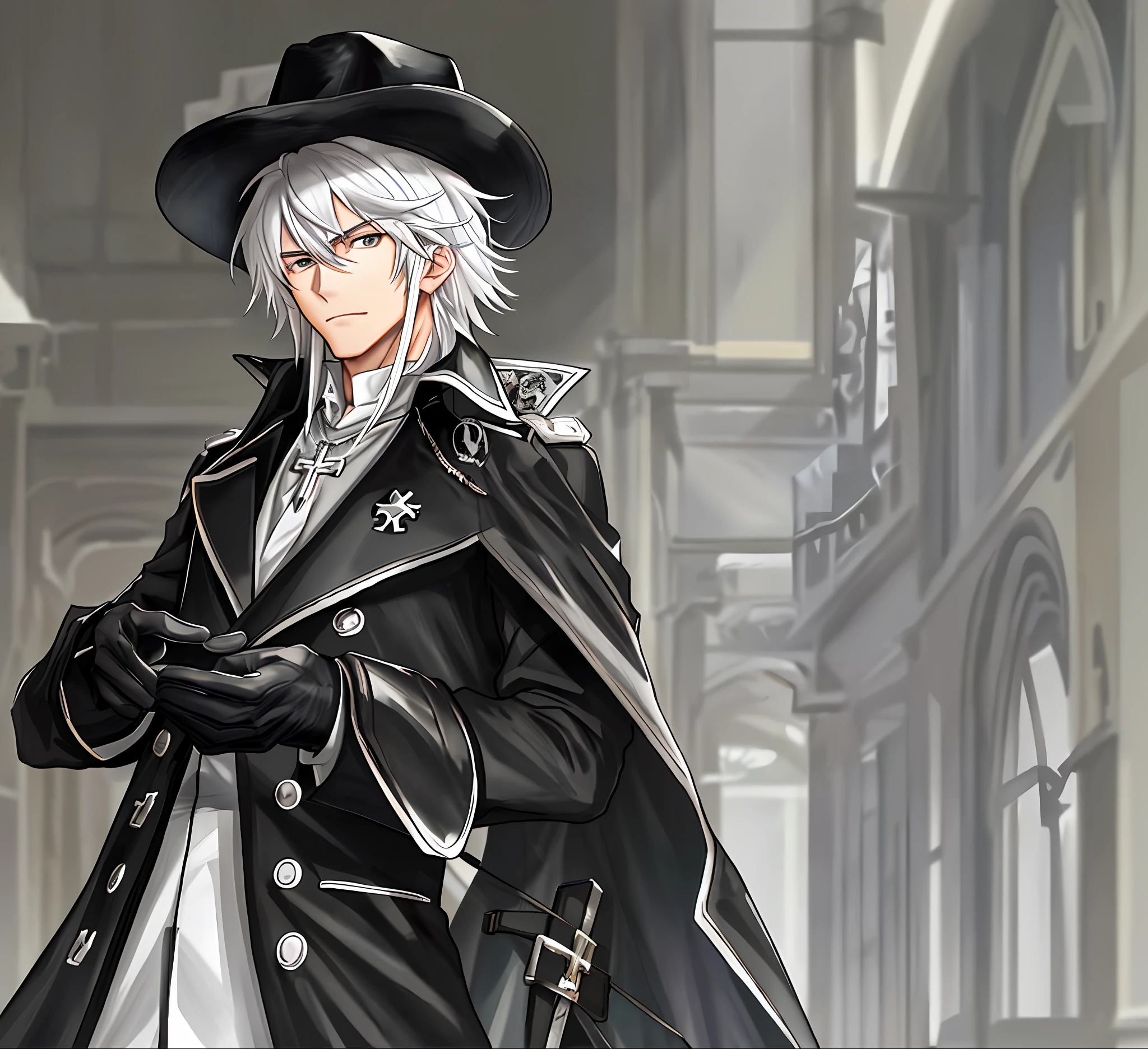 Straight, medium, white hair, gray eyes, muscular, looking at the viewer, cross necklace, black trench coat, black homburg hat, black gloves, cowboy shot, male, masterpiece