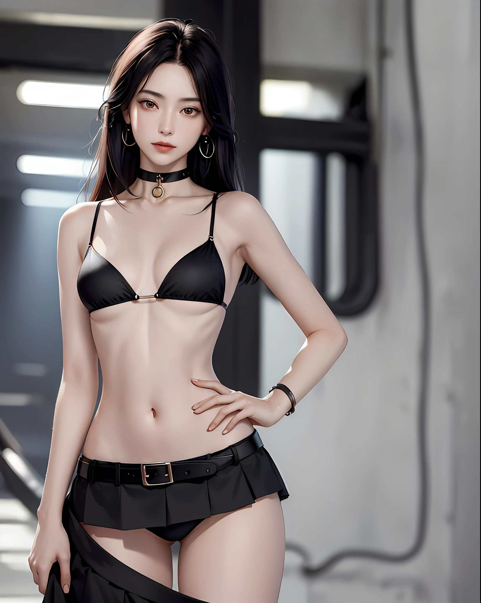 (masterpiece, best quality, 1girl, solo, fine detail, chromatic aberration), (realistic), (skin), ((breath)), (black hair, blut bliang), detailed hair, red head ornament, blue highlights, hair in one eye, black eye, small earrings, Sharp eyes, choker, ((black bikini top)), (black skirt), (belt), bare waist, (symmetrical eyes), (long legs) (perfectly symmetrical body), rainbow colors break factory super long shot, night, ((natural light))), backlight, against gray walls, dim lighting, looking at the audience, ((centered, viewed from the front, (face and waist))))