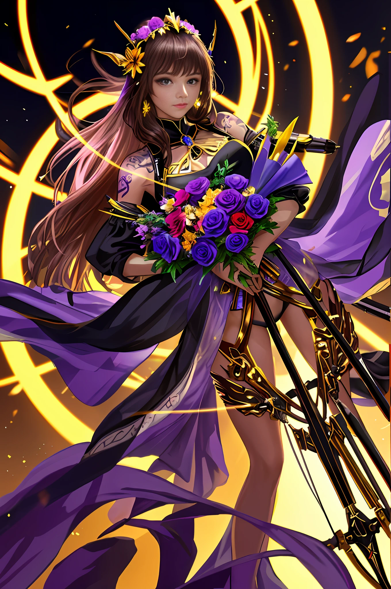 masterpiece, highres, best quality, 1girl solo, cyberpunk headdress, delicate face, bouquet of flowers in hand, glowing purple eyes, all kinds of flowers, glowing headdress, golden dress, tattoo, rich colors, bright colors, prominent background, cinematic texture, holding bow and arrows, wearing a bouquet of flowers, large clock shining in the background, a quiver on the back, exposed thighs, medium view, black silk, bright background, by the sea