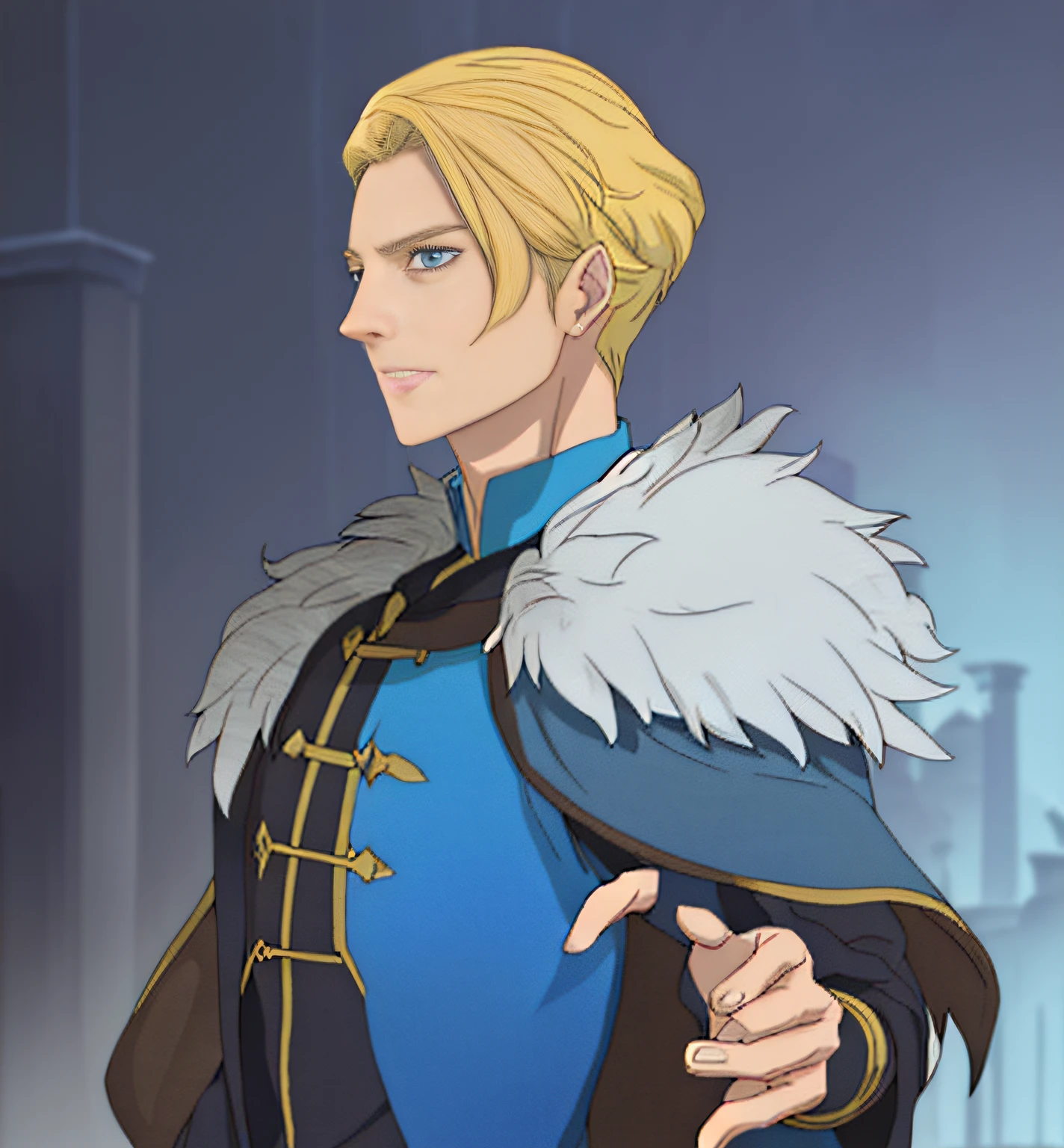 Blonde man in blue shirt and black cloak with fur standing in front of a building, handsome androgynous prince inspired by Max Magnus Norman, Johan Liebert inspired by Chris of Deltarun, tall anime guy with blue eyes, art of Casimir, handsome guy, blue eyes, blonde short hair, high quality, detailed, anime, high quality, high detail aristocrats, royalty, (luminous particles: 1,3), moonlight,  lens flare, (cinematic light), illustration, royalty, [: (detailed face: 1.2): 0.2], detailed, detailed clothing, (detailed background: 1.3), dynamic pose, 30 years old, concept art, splashart, particles, wind, flowers, upper body, simple background with gear elements, , different angles, different poses, side view. Front view