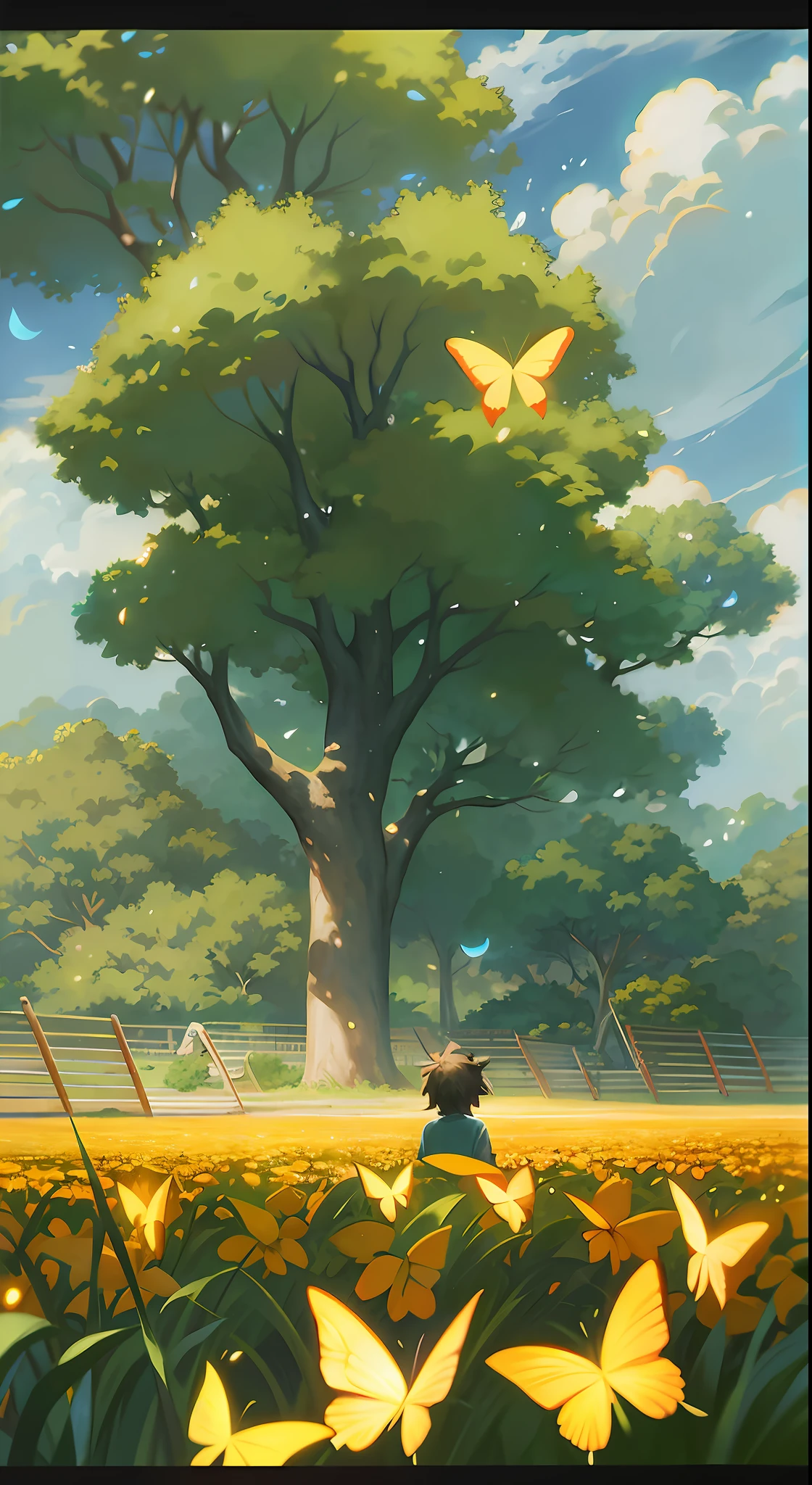 anime style painting of a boy in a field of yellow butterflies, ghibli artstyle, style of makoto shinkai, studio glibly makoto shinkai, overgrowth. by makoto shinkai, by makoto shinkai, by Makoto Shinkai, ( ( makoto shinkai ) ), anime. by makoto shinkai, studio ghibli artstyle