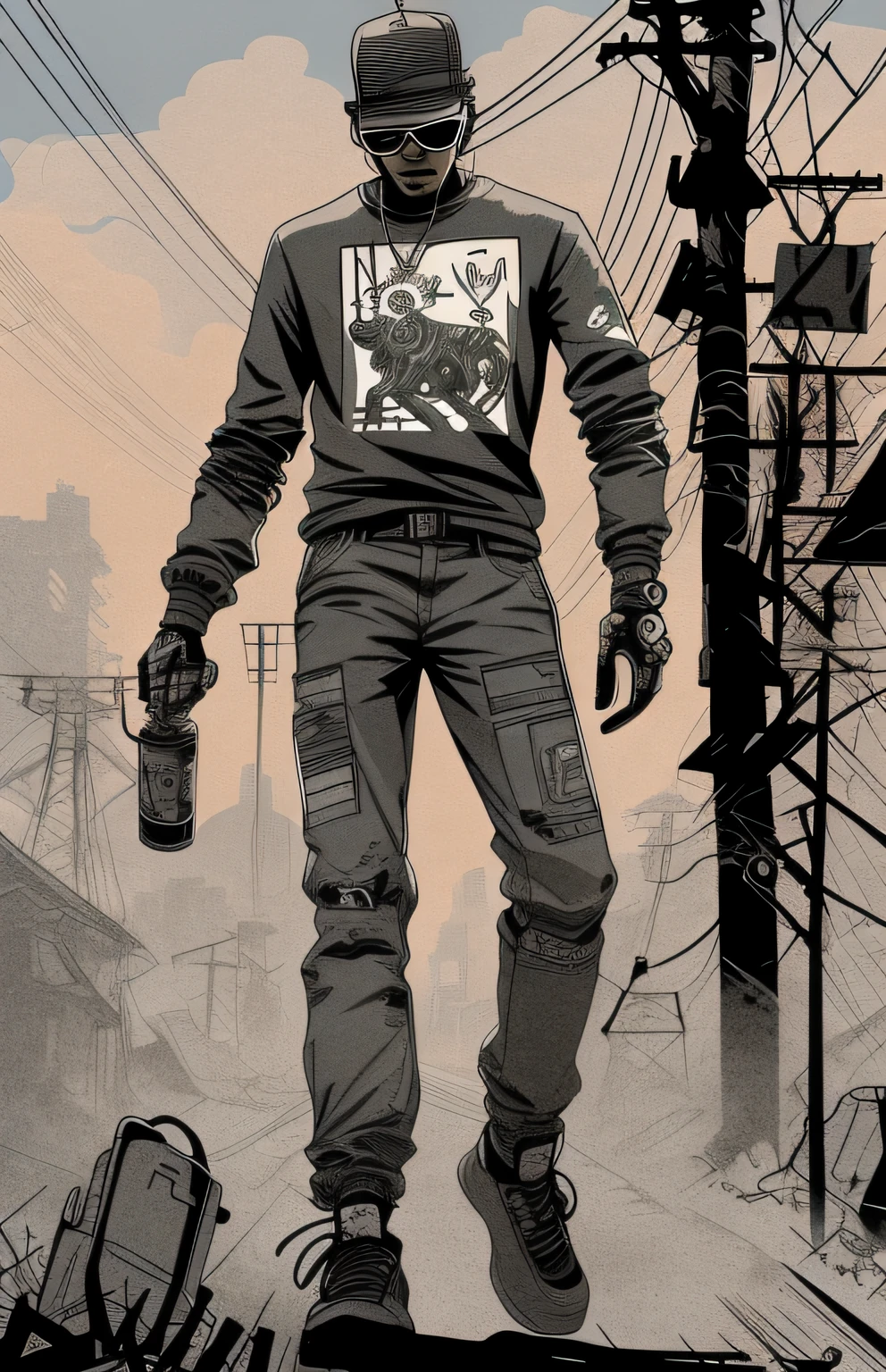 There's a silhouette of a robot walking behind a power line, a hyper-detailed illustration, sunglasses, hip hop style, baggy T-shirt, oldscholl, tokusatso