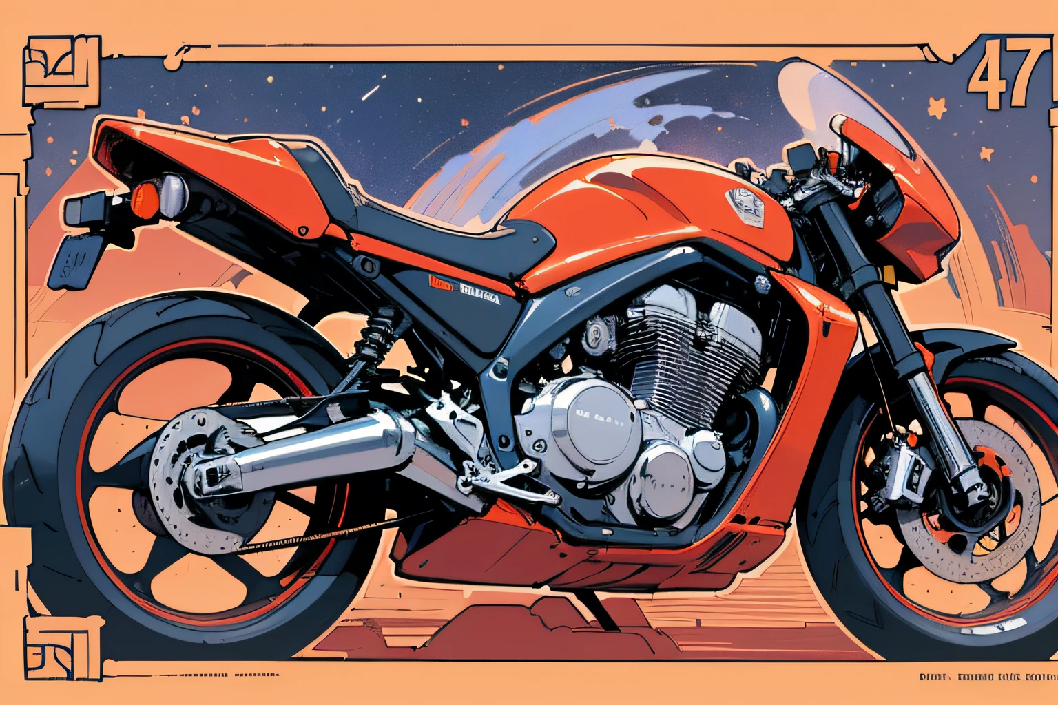 (masterpiece), (best quality), (best detail), (distant general view), (postage stamp),(main color of illustration: bright saturated red), (secondary color: lapis lazuli), a red cafe racer motorcycle driven by a woman with defiant stance, very detailed chassis, futuristic western scenery, night (many stars, moon), shading (detailed, much contrast), very saturated pulp colors