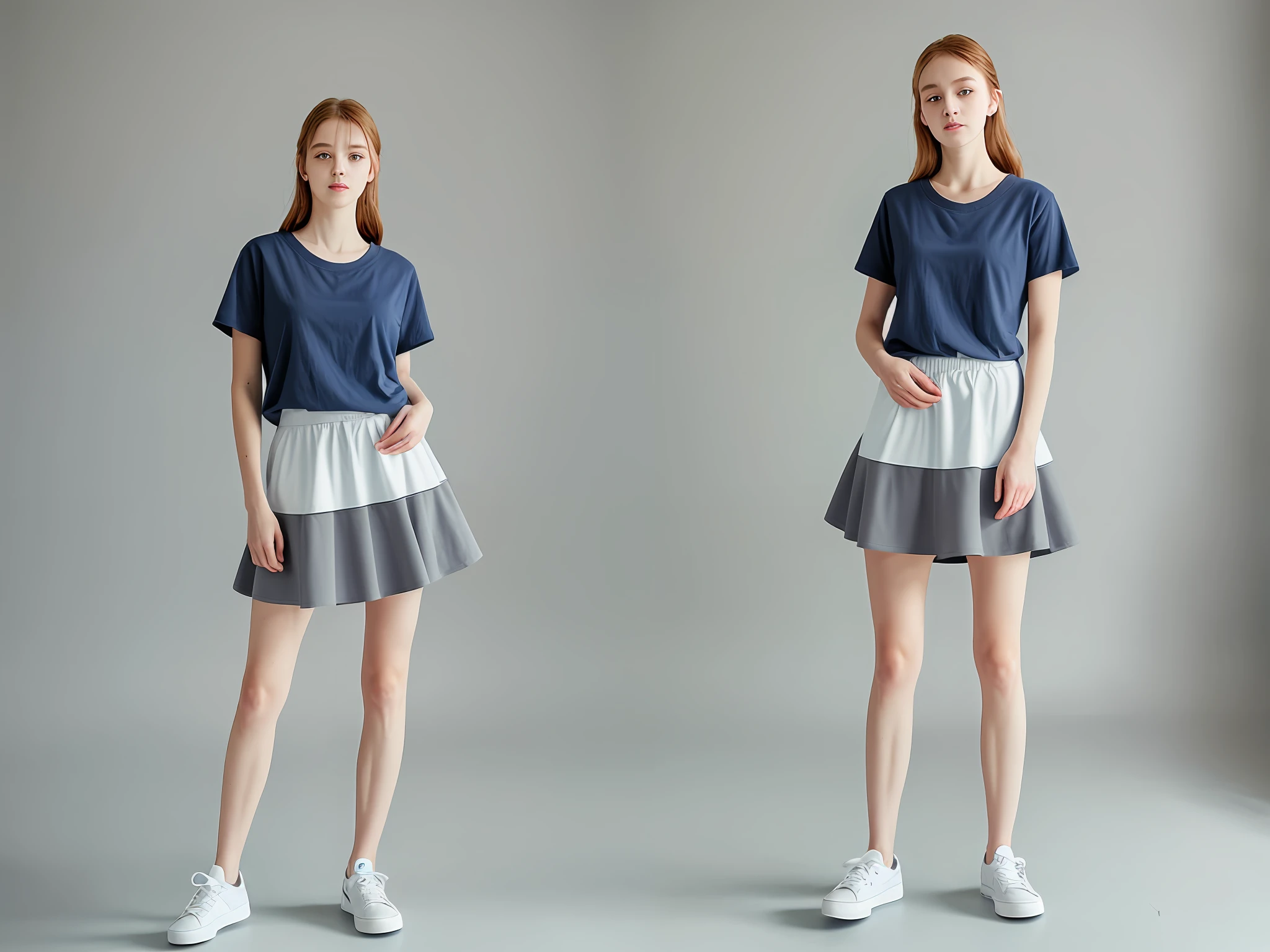 Grey A-line skirt, blue T-shirt, white canvas shoes, women's. Please take full-body photos, look at the camera, 8K HD with DSLR, high resolution, realistic feel and shallow depth of field (0.8).