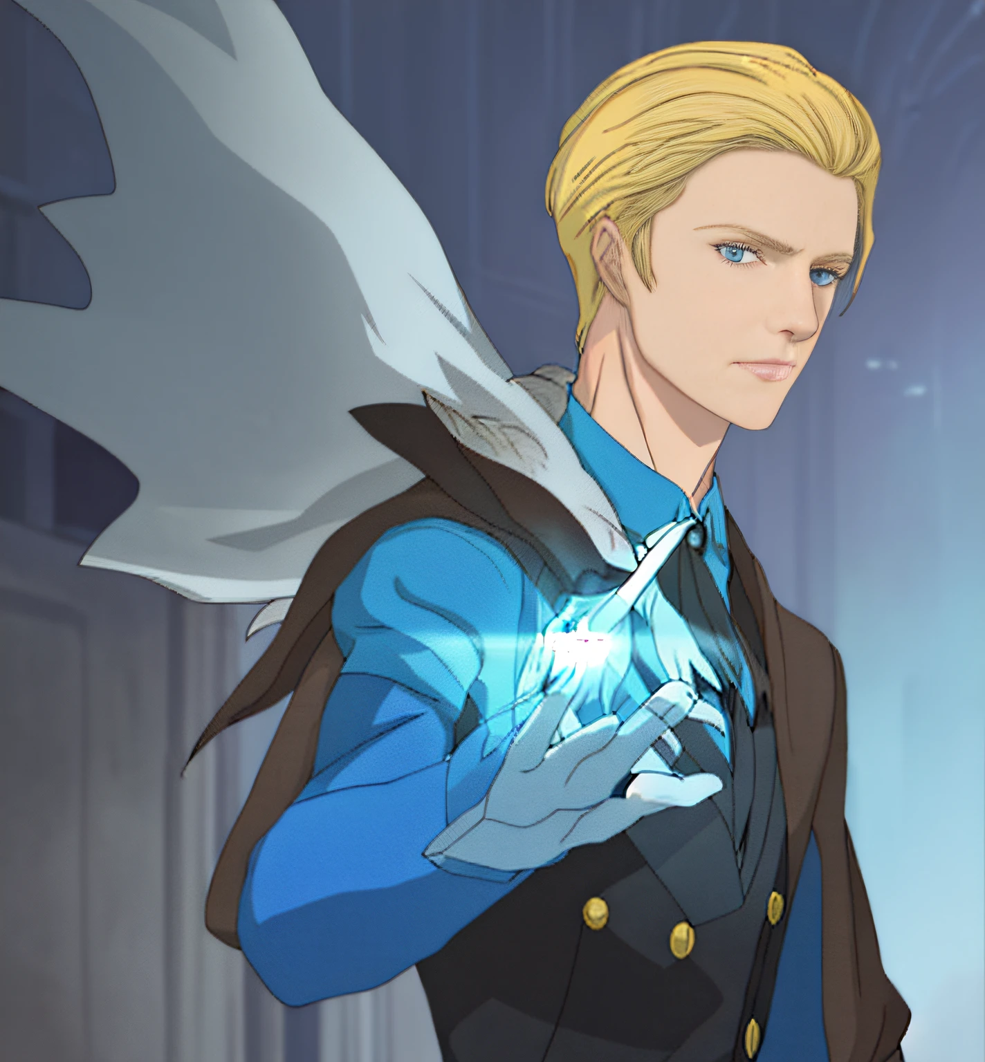 Blonde man in blue shirt and black cloak with fur standing in front of a building, handsome androgynous prince inspired by Max Magnus Norman, Johan Liebert inspired by Chris of Deltarun, tall anime guy with blue eyes, art of Casimir, handsome guy, blue eyes, blonde short hair, high quality, detailed, anime, high quality, high detail aristocrats, royalty, (luminous particles: 1,3), moonlight,  lens flare, (cinematic light), illustration, royalty, [: (detailed face: 1.2): 0.2], detailed, detailed clothing, (detailed background: 1.3), dynamic pose, 30 years old, concept art, splashart, particles, wind, flowers, upper body, simple background with gear elements, , different angles, different poses, side view. Front view