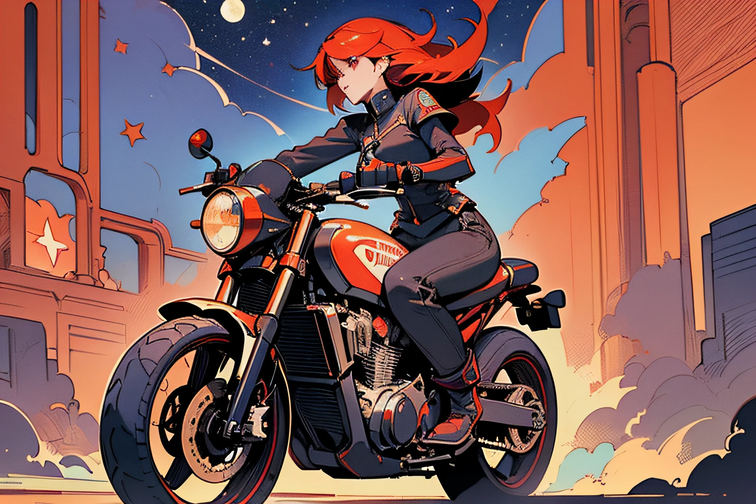 (masterpiece), (best quality), (best detail), (distant general view), (postage stamp),(main color of illustration: bright saturated red), (secondary color: lapis lazuli), a red cafe racer motorcycle driven by a woman with defiant stance, very detailed chassis, futuristic western scenery, night (many stars, moon), shading (detailed, much contrast), very saturated pulp colors
