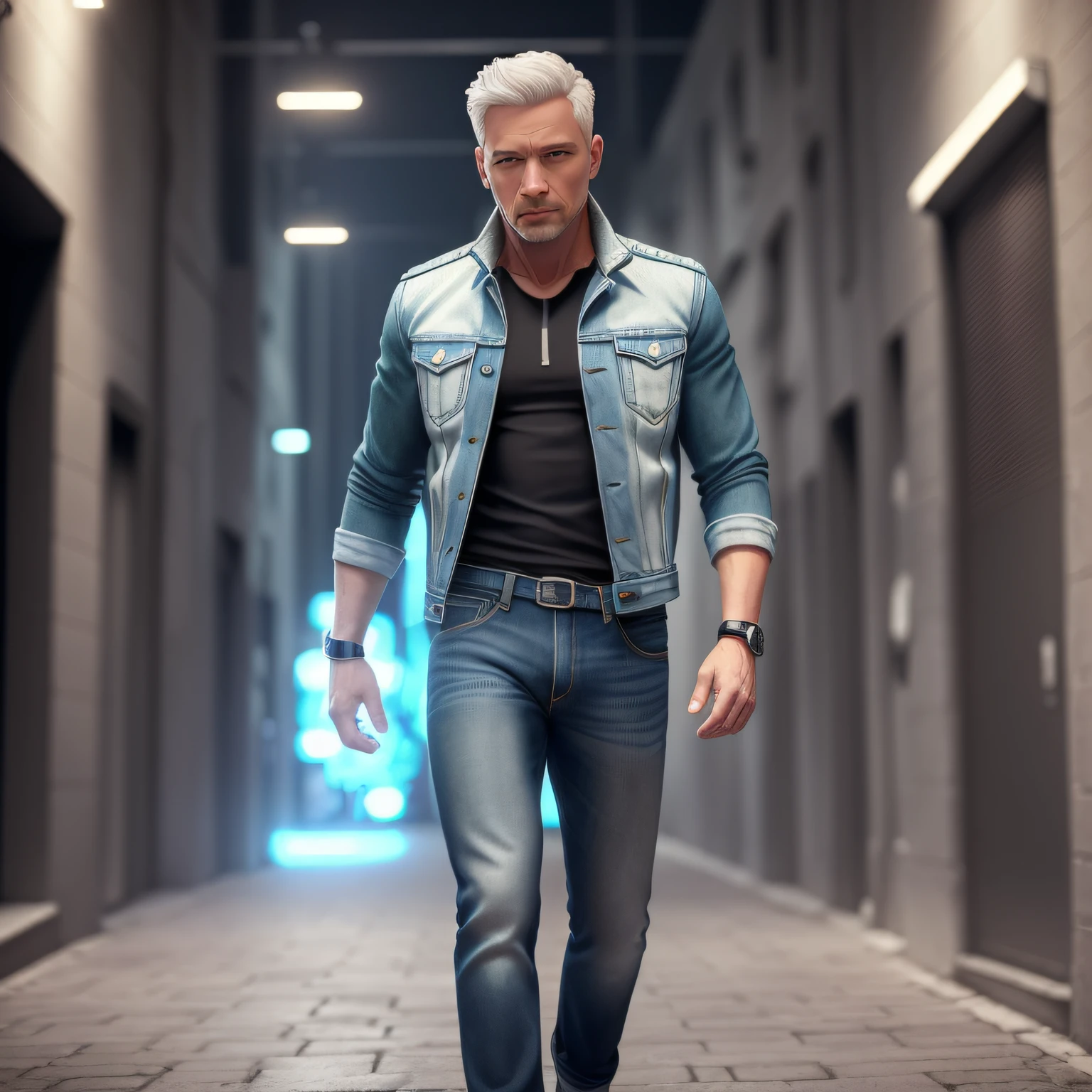(create a 43 year old male humanoid), (white with hero features face, green well rounded eyes), short blonde hair, stylish and elegant, fit and strong body fit in blue denim jacket, show full body, (high image quality and realistic), dark black background, cinematic style, ((Best Quality, 8k, Masterpiece). --auto --s2