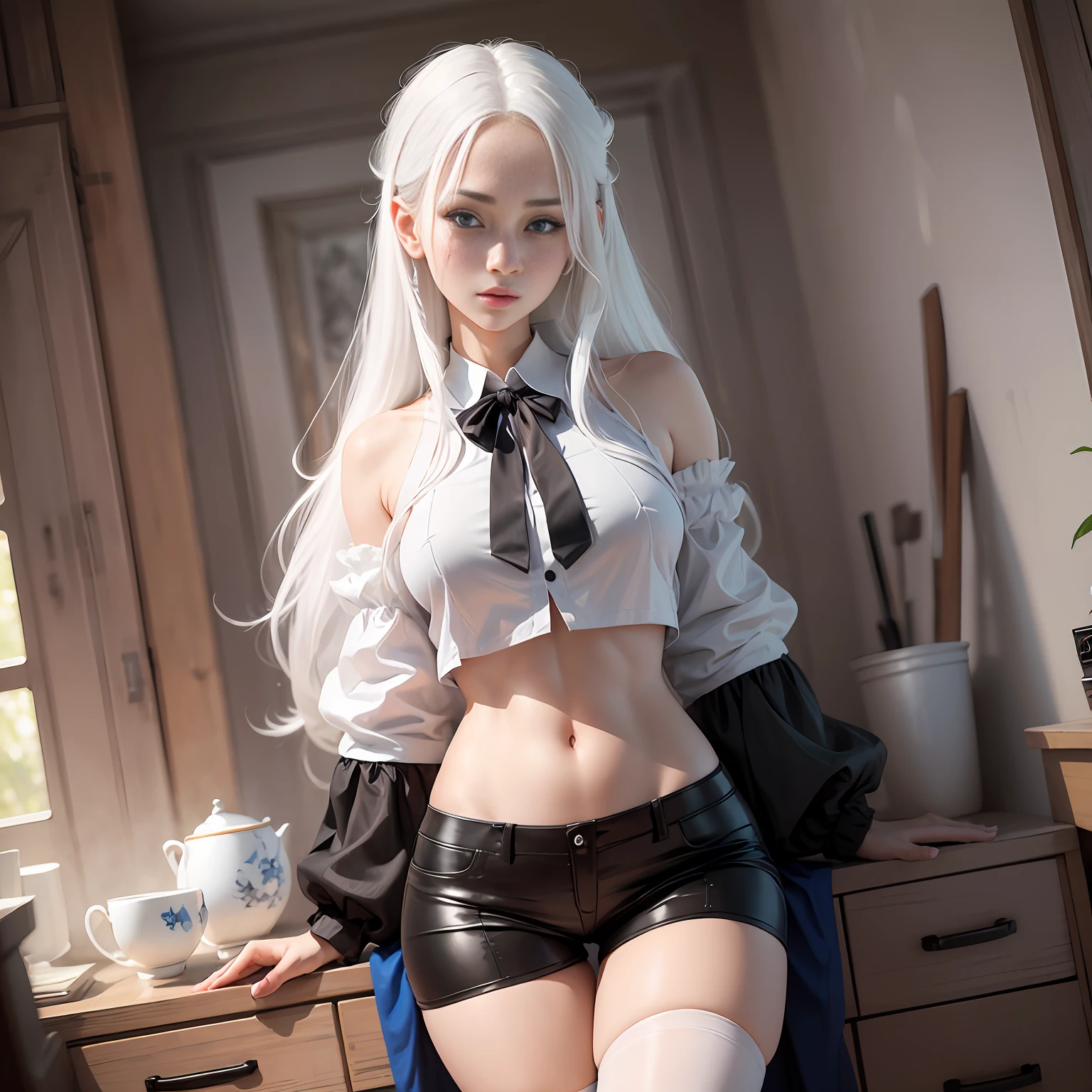 Realistic, high resolution, 1 girl, white hair, Korean, blue eyes, white shirt, tight black shorts, very thin thighs, full body, black stockings --auto --s2