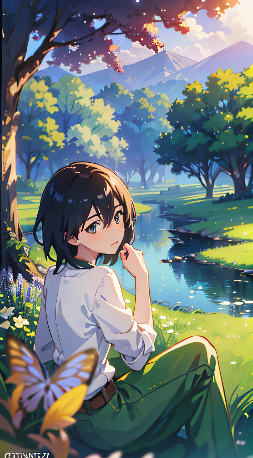 Two people sitting under a field tree anime scene, boys and girls, Fiona Staples and Makoto Shinkai, Guwiz and Makoto Shinkai, Mican Saki and Makoto Shinkai, sitting under a tree, Studio Ghibli anime style, anime Lush John 8k Woods, ((Makoto Shinkai)), Makoto Shinkai's style, Romanticism, anime, anime style, cinematic lighting, 8k, super detail, ccurate, best quality, UHD, masterpiece, mango poster design, poster, mangseed, rice field, stream, nature, 1 girl catching butterflies, hayao miyazaki manga style, summer, heal --auto --s2