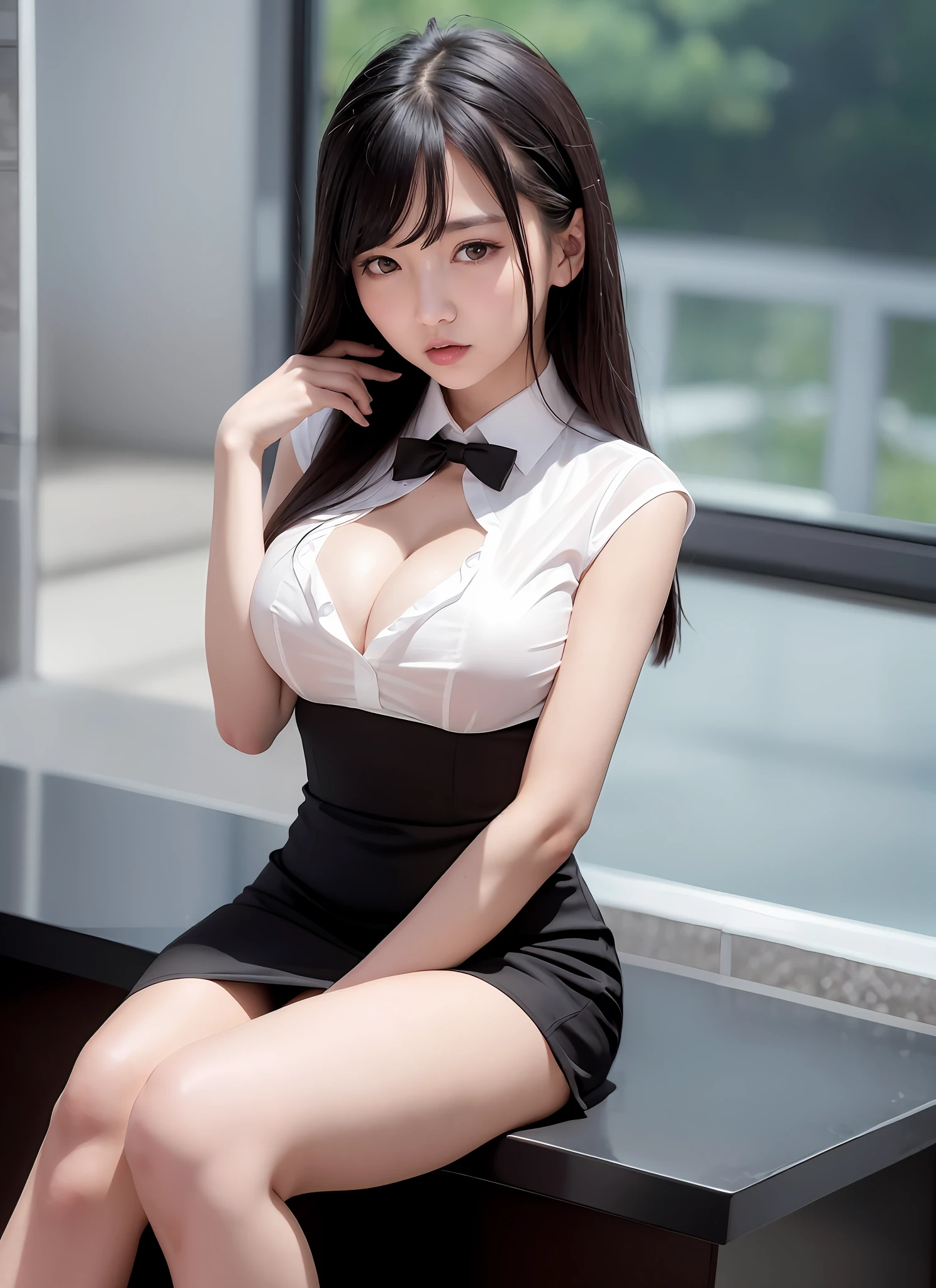 ((Li Yitong)), 8K, Best Picture Quality, Masterpiece, 1.2x Weighted), 10,000 cute, independent, beautiful girls, super details, sky and café details, night dates, sitting (red nose), big breasts, coquettish, Sweet smile (smile 1.15), deep beautiful eyes, (1.1x weighted collar shirt), short black dress, white silk stockings, white shirt, professional skirt, long flowing hair, NovaFrog style, half nude, cat, rain, bangs, high school student, gray background, well-behaved, pure lust, name tag on chest, enjoyment, cleavage, protruding, lewdness, eyes half-open and half-closed