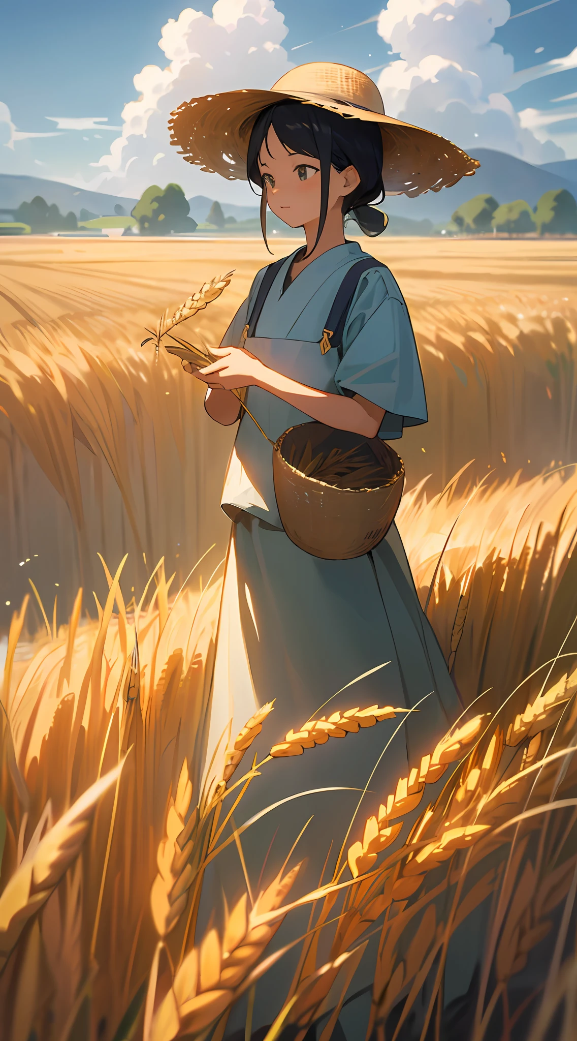 Wheat field, a farmer uncle with a straw hat standing in a wheat field, big clouds, blue sky, rice field, neat rice seedlings in the field, harvest day , forest, hillside, secluded, rural, HD detail, hyper-detail, cinematic, surrealism, soft light, deep field focus bokeh, ray tracing and surrealism. --v6