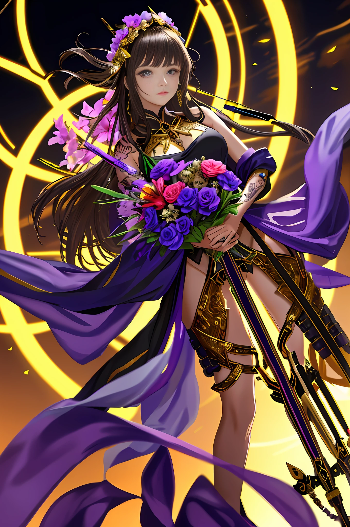 masterpiece, highres, best quality, 1girl solo, cyberpunk headdress, delicate face, bouquet of flowers in hand, glowing purple eyes, all kinds of flowers, glowing headdress, golden dress, tattoo, rich colors, bright colors, prominent background, cinematic texture, holding bow and arrows, wearing a bouquet of flowers, large clock shining in the background, a quiver on the back, exposed thighs, medium view, black silk, bright background, by the sea
