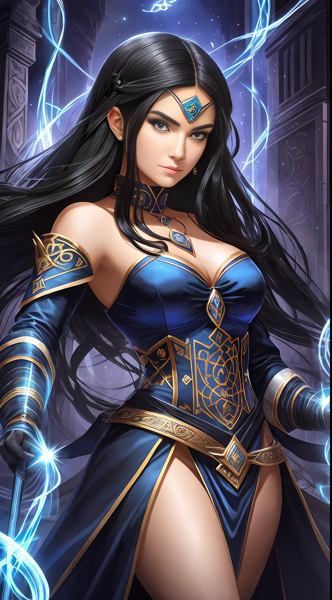 Name: Alexia, Class: Mage, Race: Human, Appearance: Alexia is a young and graceful woman with black hair and piercing eyes. She wears a blue robe with embroidered arcane symbols and carries an ebony staff carved with ancient runes., Personality: Alexia is determined and curious, always in search of knowledge and magical power. She is brave and willing to face any challenge to protect her people., black hair, modern, high detail, Ultra-Wide Angle, Nikon, diffraction spikes, UHD, anatomically correct, high quality, best quality, 1080P, 8k