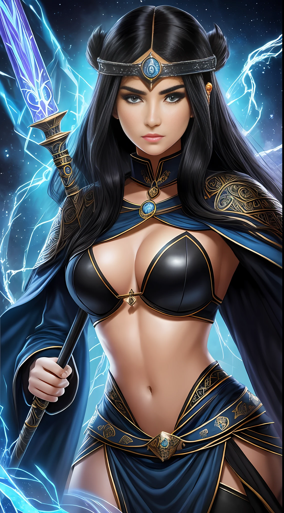 Name: Alexia, Class: Mage, Race: Human, Appearance: Alexia is a young and graceful woman with black hair and piercing eyes. She wears a blue robe with embroidered arcane symbols and carries an ebony staff carved with ancient runes., Personality: Alexia is determined and curious, always in search of knowledge and magical power. She is brave and willing to face any challenge to protect her people., black hair, modern, high detail, Ultra-Wide Angle, Nikon, diffraction spikes, UHD, anatomically correct, high quality, best quality, 1080P, 8k
