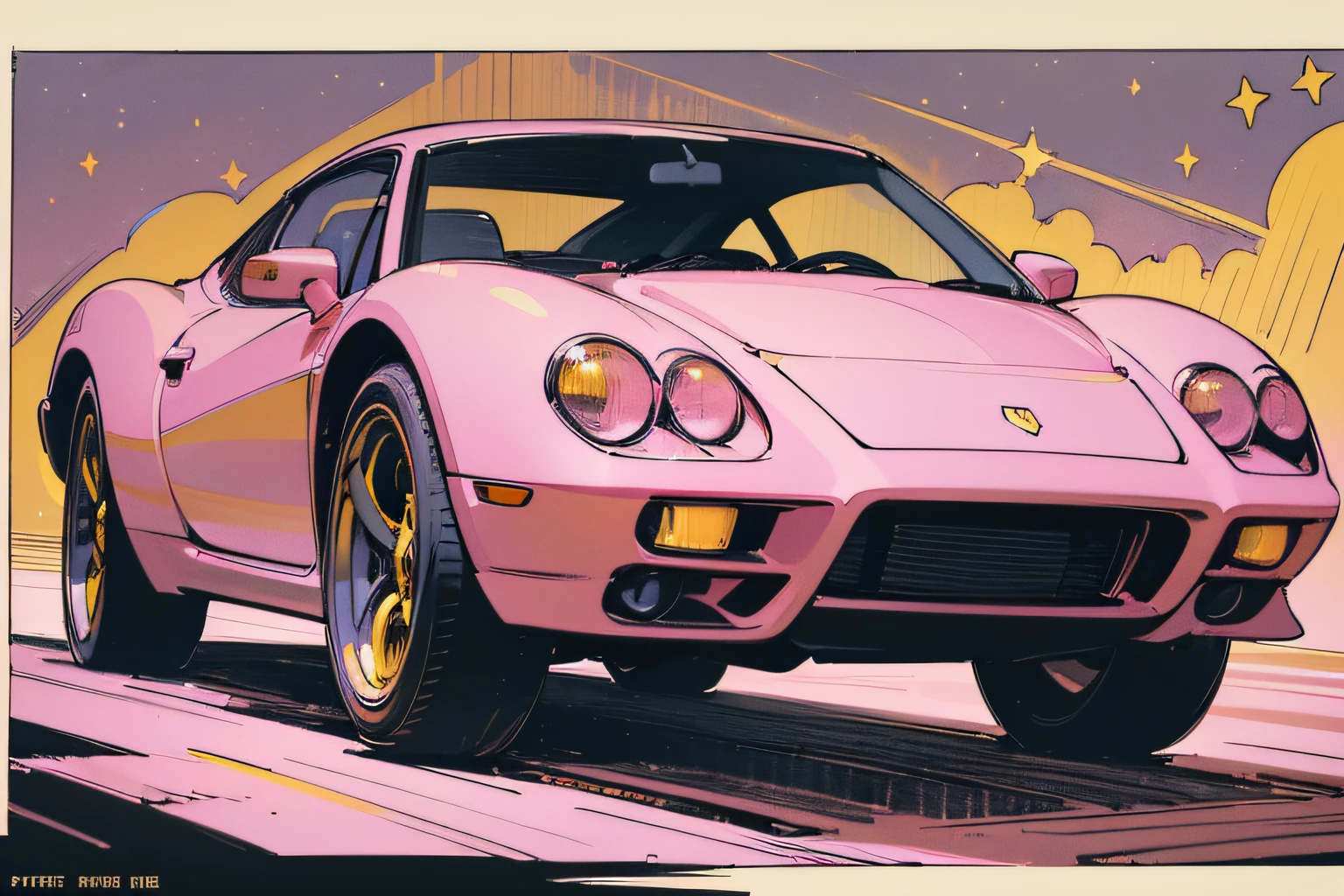 (masterpiece), (best quality), (best detail), (distant general view), (postage stamp),(main illustration color: pastel pink), (secondary color: mustard yellow), a 70' red sports car driven by a woman with defiant stance, highly detailed chassis, futuristic western scenery, night (many stars, moon), shading (detailed, much contrast), highly saturated pulp colors