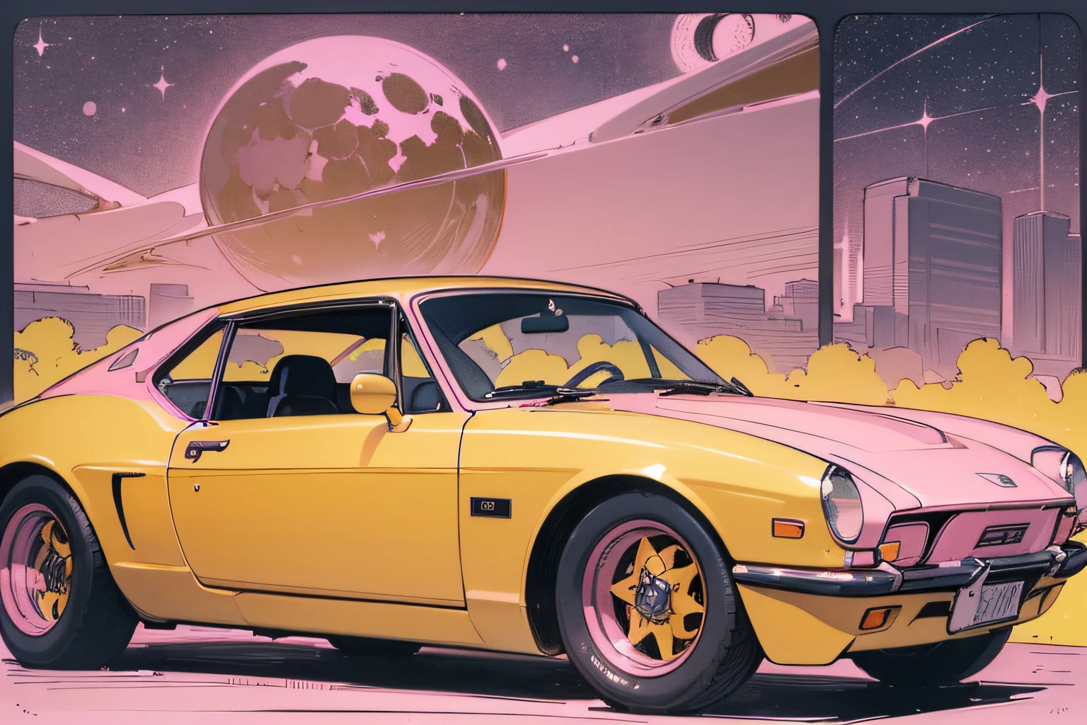 (masterpiece), (best quality), (best detail), (distant general view), (postage stamp),(main illustration color: pastel pink), (secondary color: mustard yellow), a 70' red sports car driven by a woman with defiant stance, highly detailed chassis, futuristic western scenery, night (many stars, moon), shading (detailed, much contrast), highly saturated pulp colors