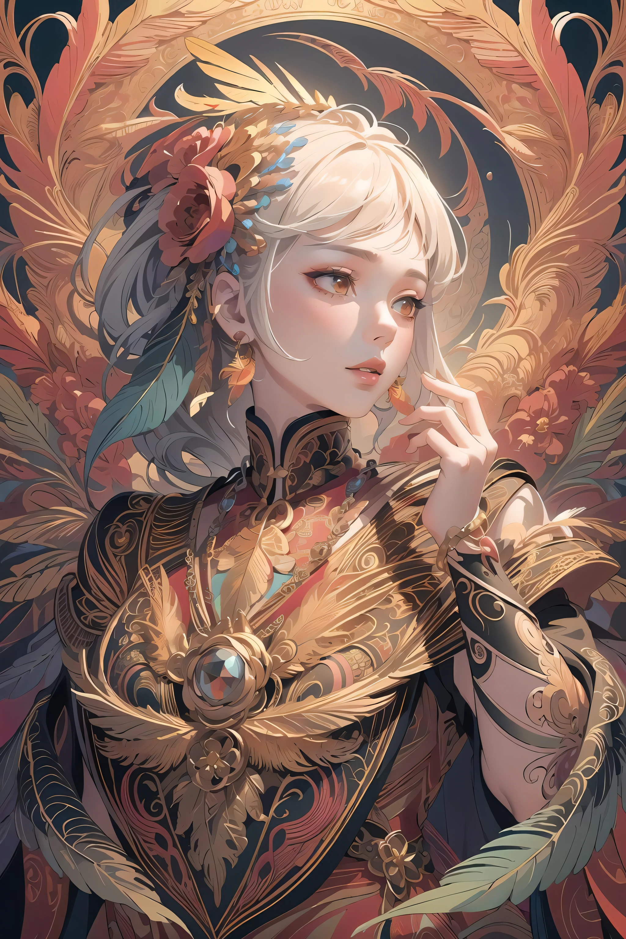 (masterpiece, top quality, best quality, official art, beautiful and aesthetic:1.2), (1girl:1.3), extremely detailed,(fractal art:1.1),(colorful:1.1)(flowers:1.3),highest detailed,(zentangle:1.2), (dynamic pose), (abstract background:1.3), (shiny skin), (many colors:1.4), ,(earrings), (feathers:1.5) , (Flamethrower:1.3),red background,Phoenix dress,