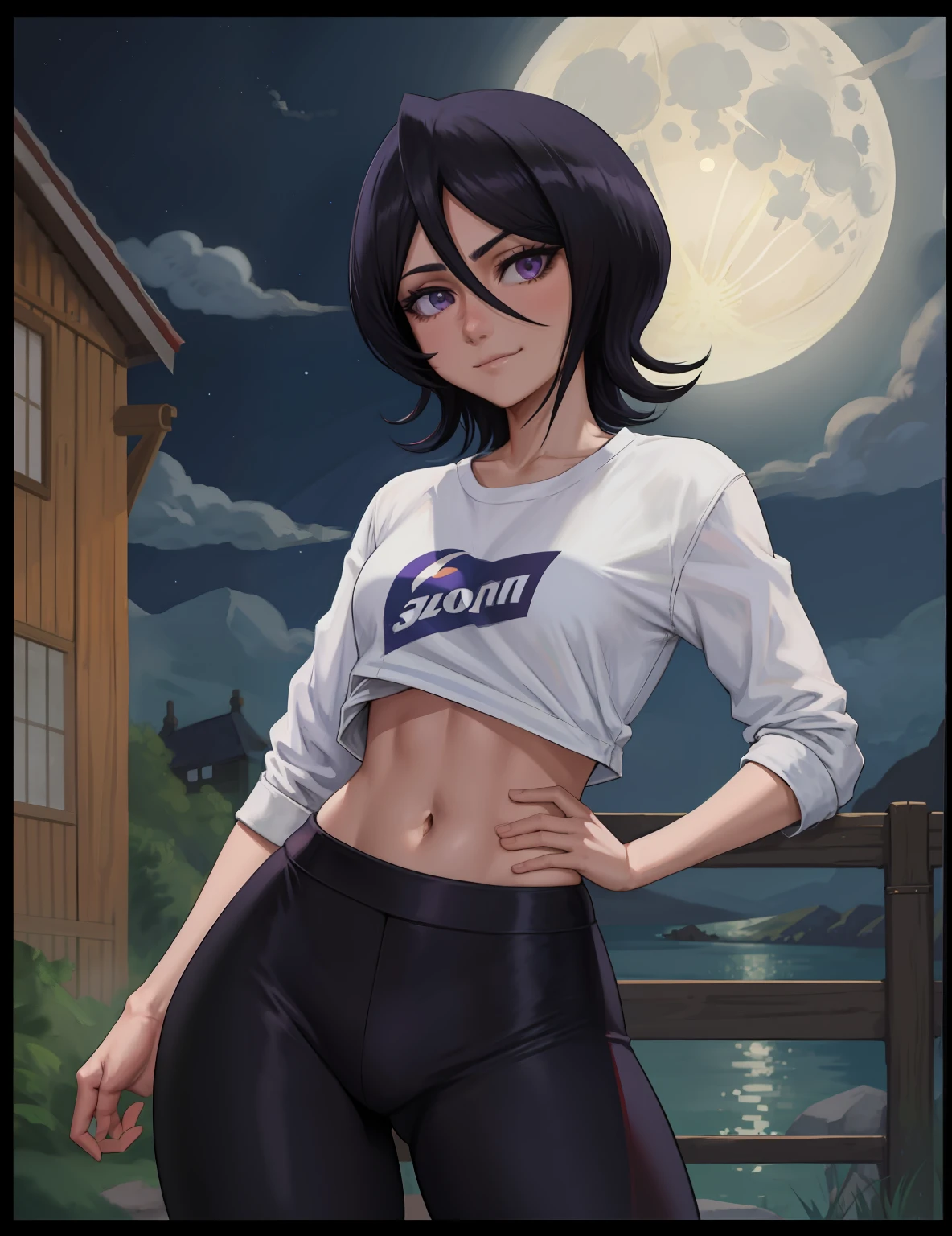 anime screen, night, moon, 1girl, solo, short hair, black hair, purple eyes, standing, looking at the viewer, sports top, lower chest, hair between eyes, cowboy shot, black leggings, closed mouth, grinning, wide hips, big ass,