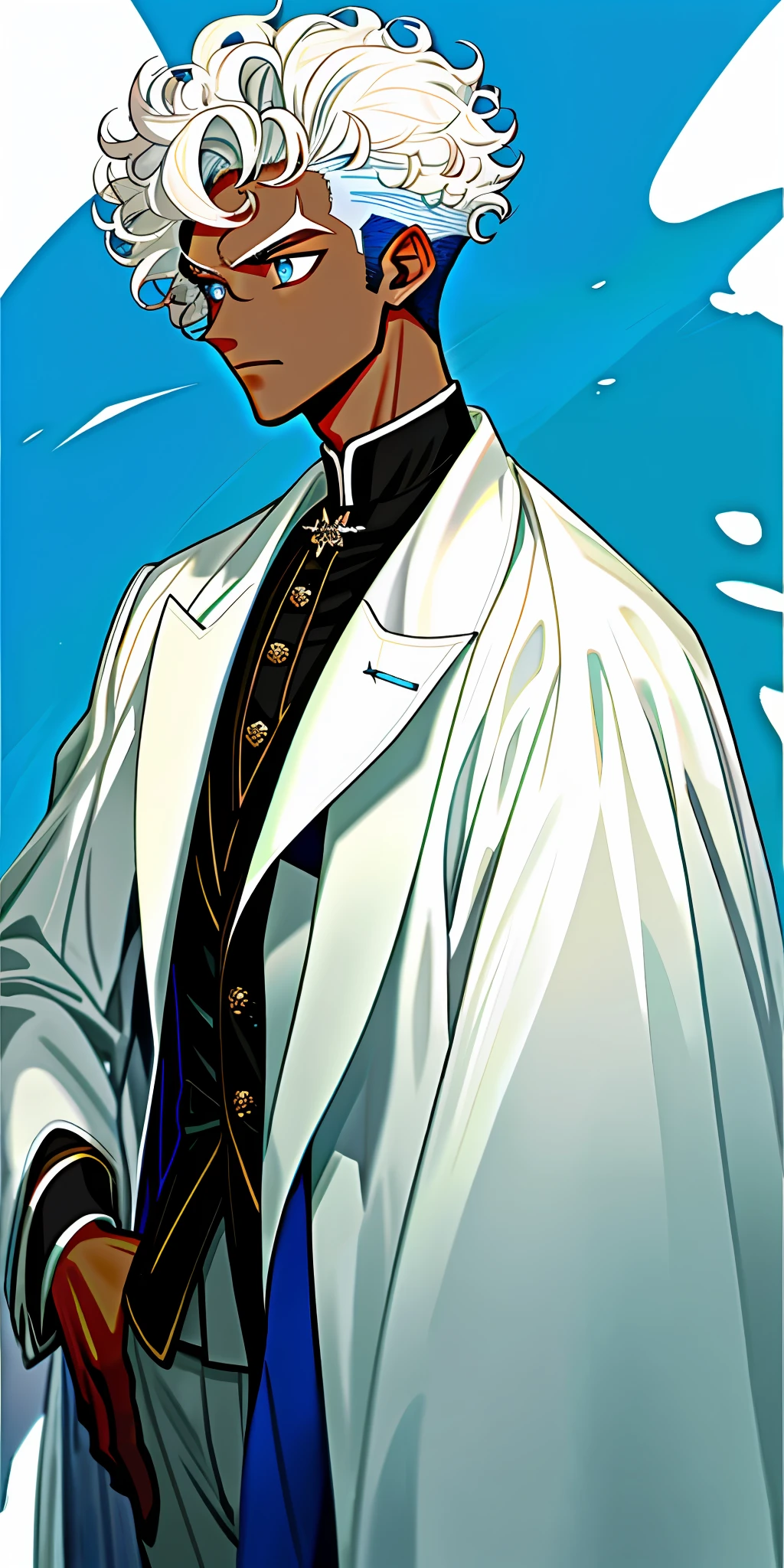1boy, dark skin, short white curly hair, shaved side, coat, blue eye