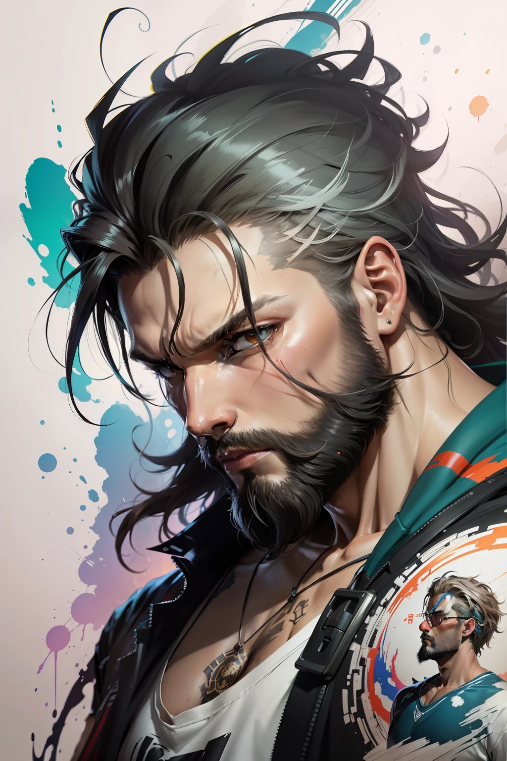 ::jason fabok and yoji shinkawa style ::2.0 comix illustration style man with very flawless beard well detailed hair medium turned body,tatoon style , comic book style ,man ultra detailed, (beautiful and clear background:1.2),, fantastic paintings ,graffit style, olhos altamente detalhados , a t-shirt or dressed in a white blouse underneath, with both fists in a fighting position, and bracelets, with long hair , stained glass colored, out, vibrant, fantastic paintings by joe madureira ,high quality, --ar 3:4 --upbeta --test --creative --upbeta --upbeta --upbeta --upbeta ,photo, sticker art, freedom, soul, digital illustration, comic style, perfect anatomy, centered, approaching perfection, dynamic, highly detailed, watercolor painting, artstation, concept art, smooth, sharp focus, illustration, art by carne griffiths and ,alone anime, perfect anatomy, centered, approaching perfection, dynamic, highly detailed, character sheet, artstation, concept art, smooth, sharp focus, illustration, art by kim jung gi,, artgerm, carne griffiths and wadim kashin , sasha yakovleva, loish, jeremy mann, full body shot, character sheet, lightningwave, beautiful anime watercolor painting ,paint dripping by tim okamura, victor nizovtsev, greg rutkowski, noah bradley. trending on artstation, 8k, masterpiece, graffiti paint, fine detail, full of color, intricate detail, golden ratio illustration,monochromatic green background, masterpiece, best quality, high quality, highres, best quality, high resolution fix, bright amazing lighting, detail enhancement,(beautiful and clear background:1.2),, fantastic paintings ,graffit style, olhos altamente detalhados , a white t-shirt or tatoon stamp , blond hair, masterpiece, best quality, high quality, highres, detail enhancement, ((most beautiful image in the world)), masterpiece, best quality, high quality, highres, detail enhancement, ((most beautiful image )),with short, shiny black hair, wearing t-shirt, wearing jeans, five legs, like ye