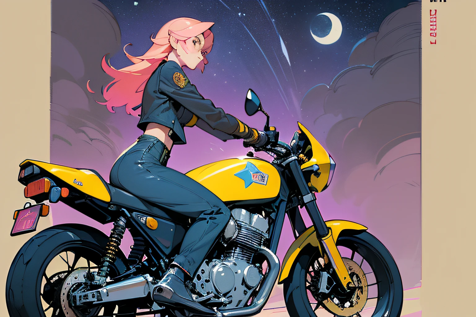 (masterpiece), (best quality), (best detail), (distant general view), (postage stamp),(main color of illustration: pastel pink), (secondary color: mustard yellow), a blue cafe racer motorcycle driven by a woman with challenging stance, highly detailed chassis, futuristic western scenery, night (many stars, moon), shading (detailed, much contrast), very saturated pulp colors
