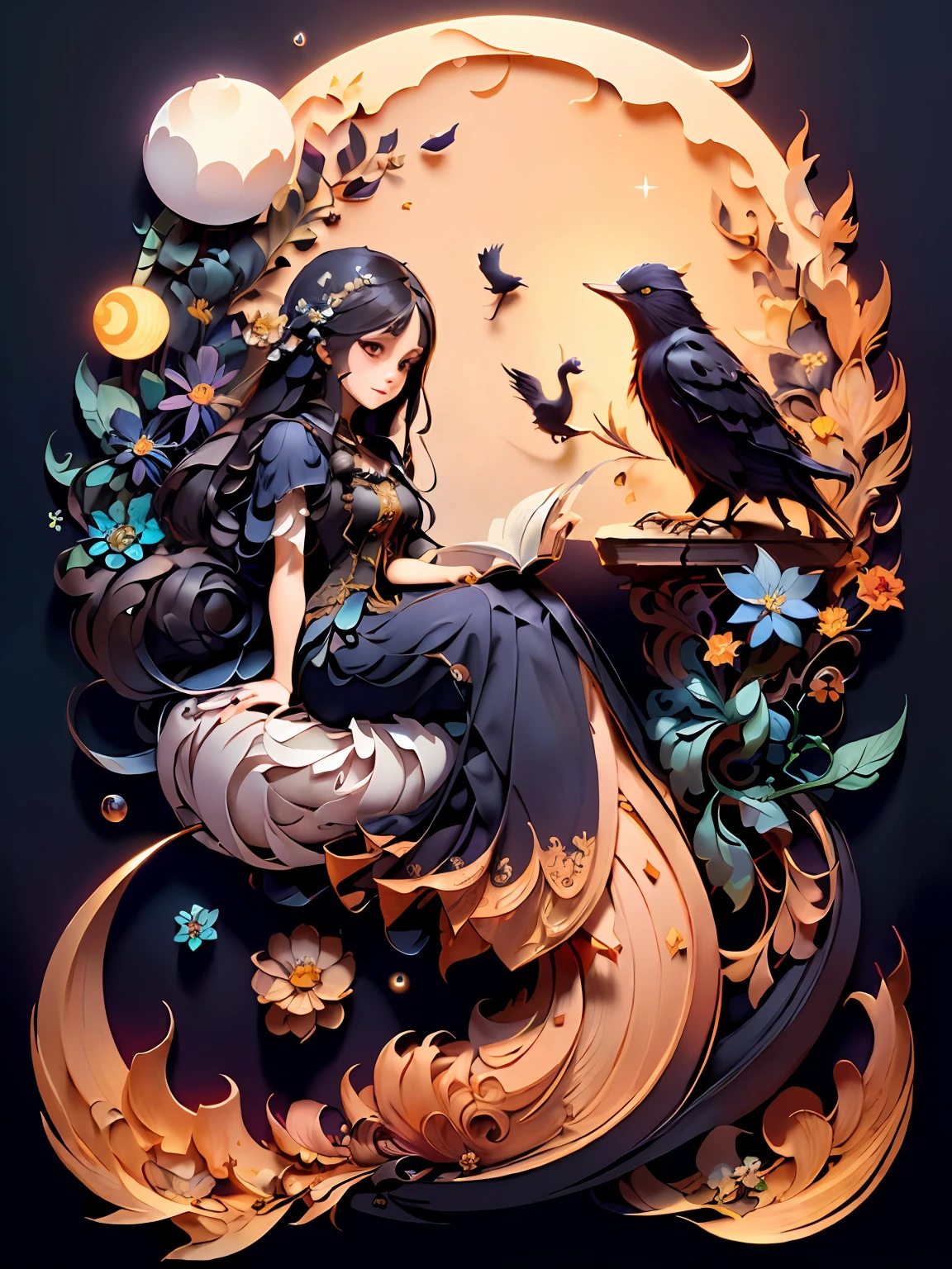 (((masterpiece))),best quality, illustration, (fantasy:1.4), witch, cute detailed digital art, beautiful long hair, dark color long dress, a moon, flowers , paper_cut